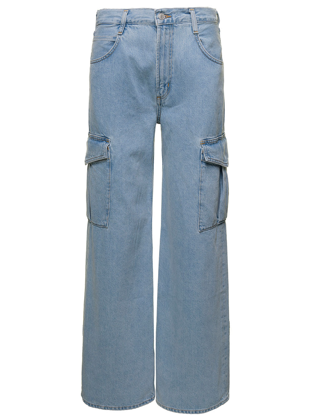Shop Agolde Mika Light Blue Cargo Jeans With Wide Leg In Stretch Cotton Denim Woman