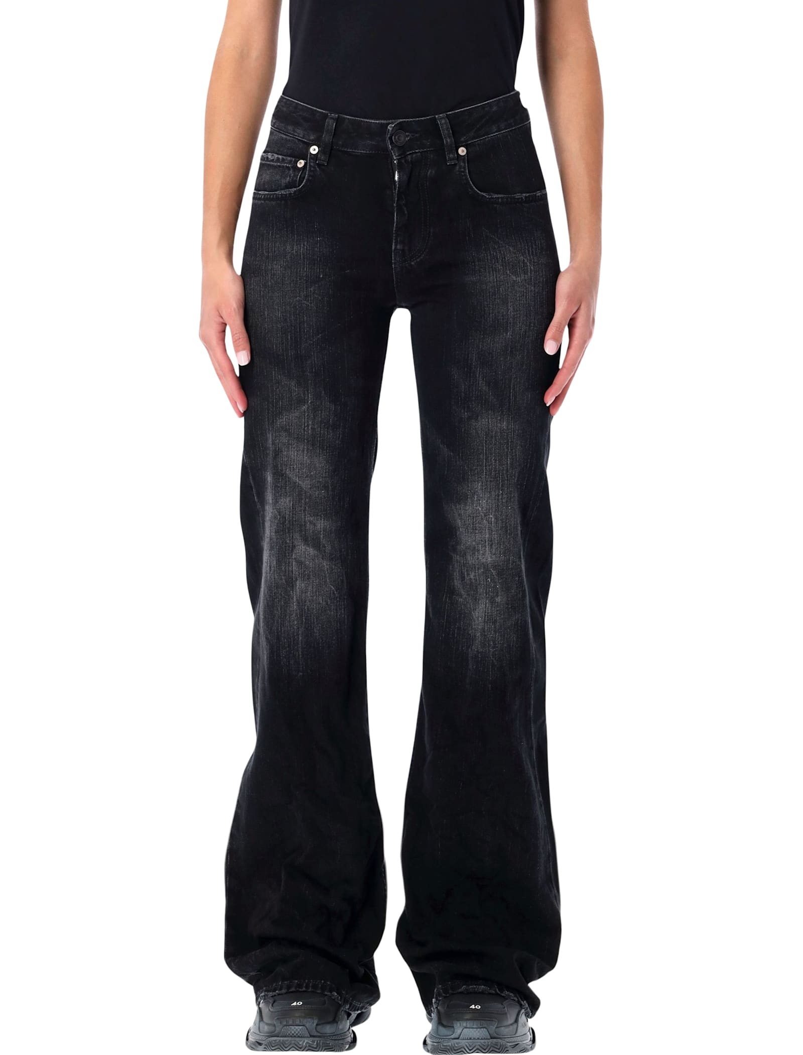 Balenciaga Wide-leg Washed Black Denim Jeans In Black
