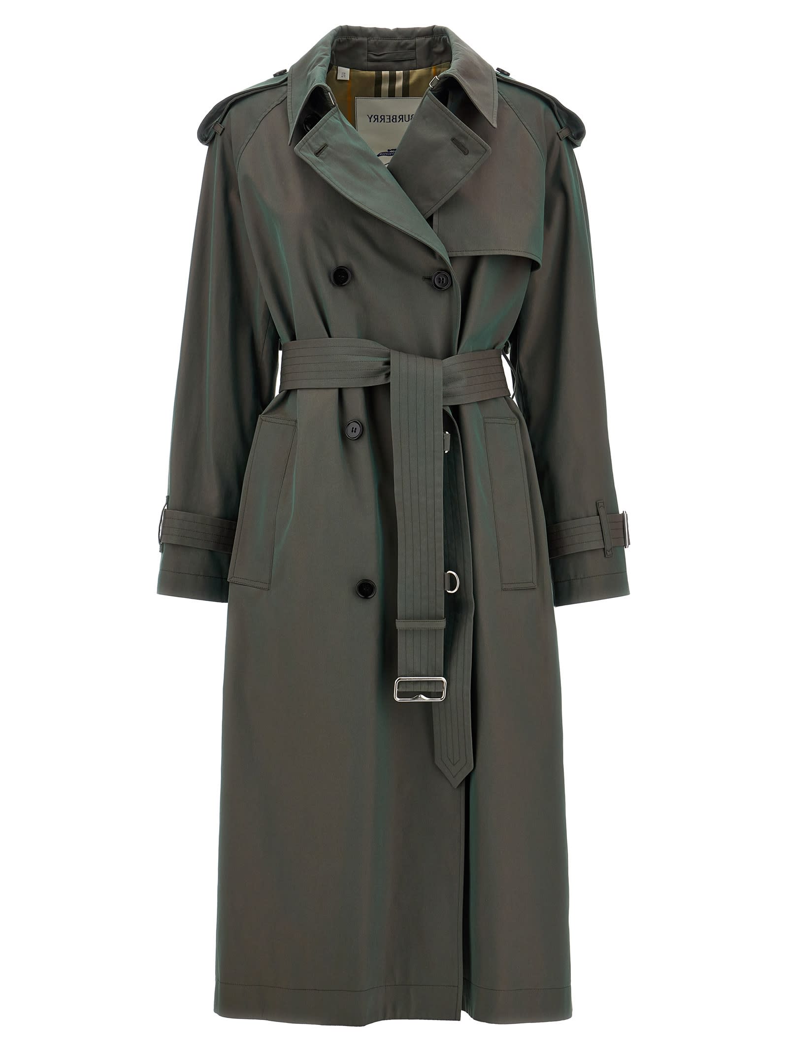 Burberry Long Iridescent Trench Coat In Green
