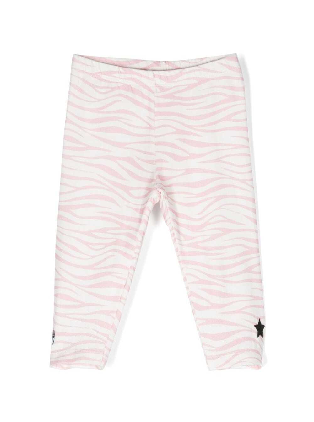 Chiara Ferragni Pink And White Leggings With Zebra And Logo Print In Stretch Cotton Girl