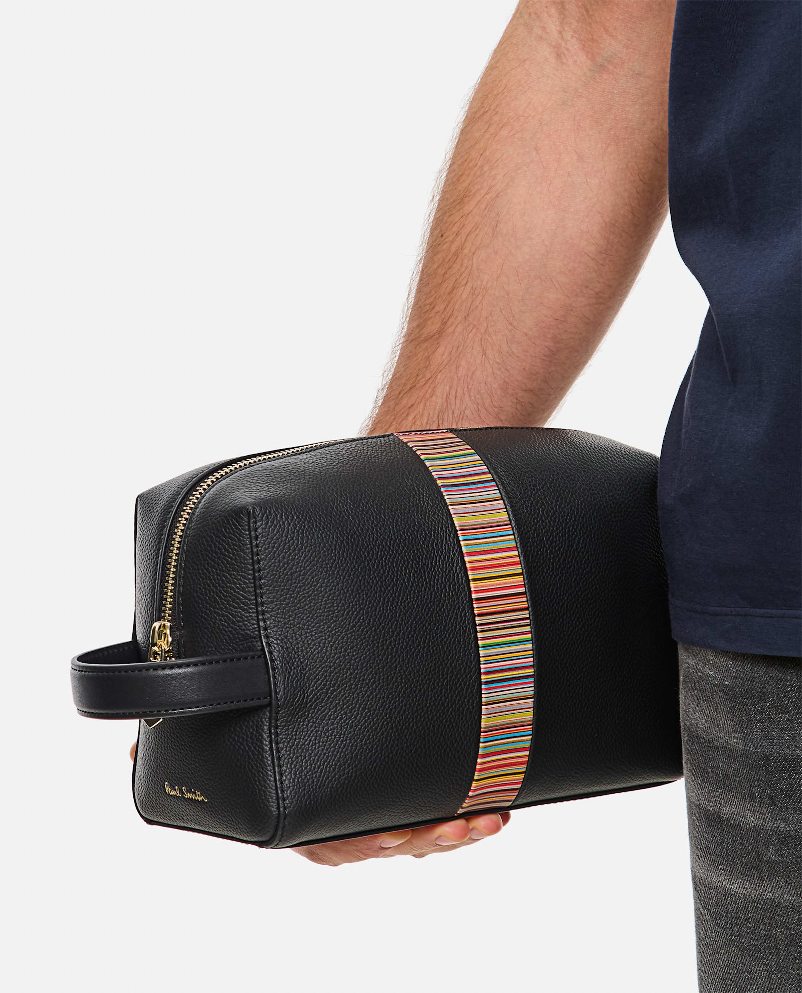 Paul Smith Striped Leather Wash Bag In Black