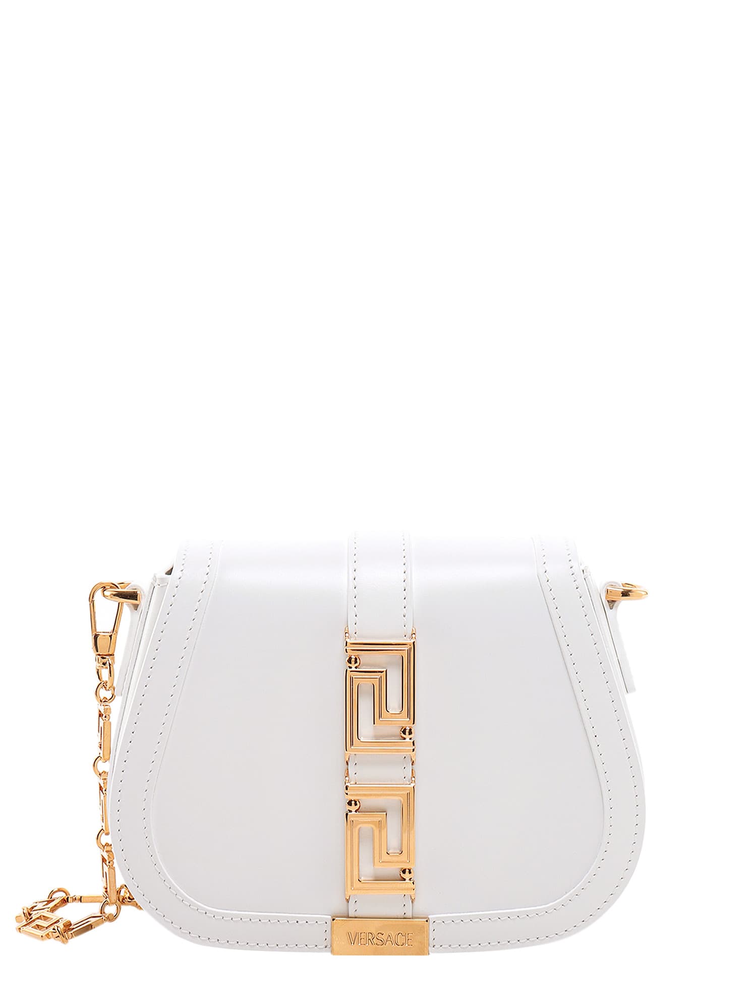 Versace Mini Greca Goddess Leather Shoulder Bag In White | ModeSens