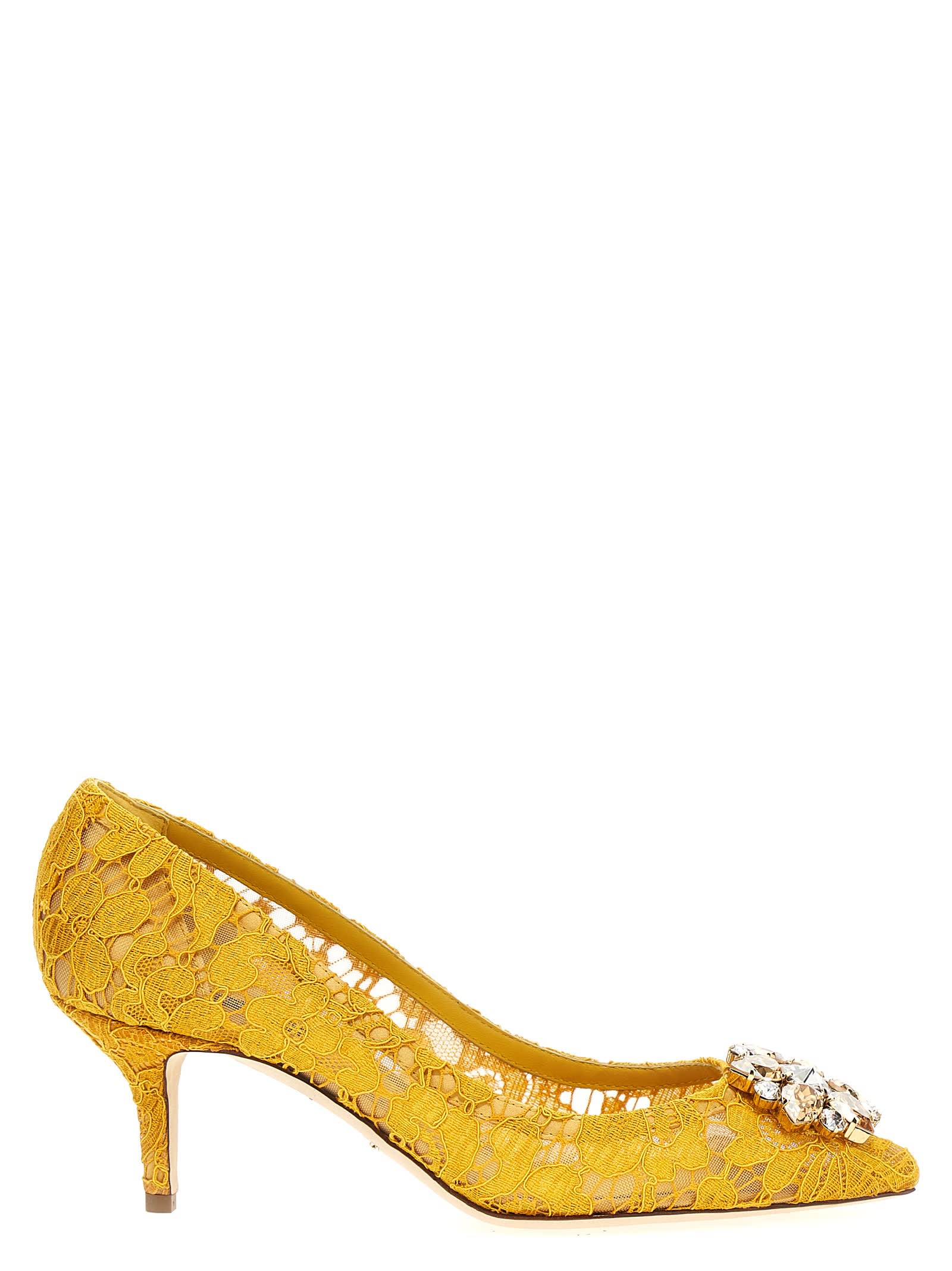 Dolce & Gabbana Bellucci Crystal-embellished Corded Lace Pumps In Senape