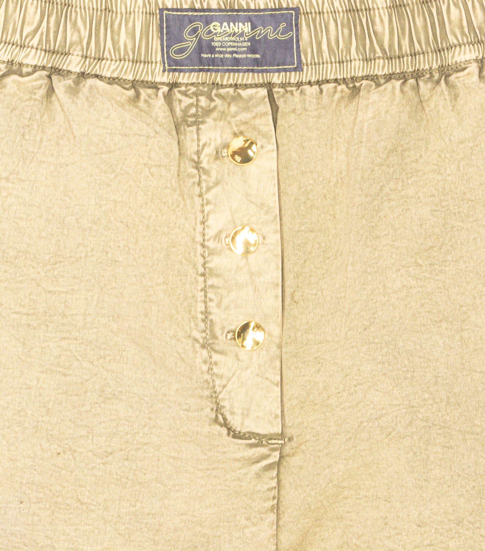 Ganni Elastic Waistband Textured Fabric Shorts In Green