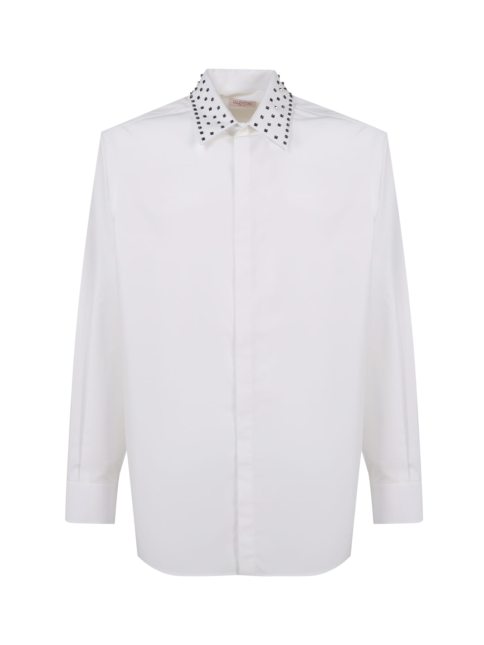 Shop Valentino Long-sleeved Shirt With Stud Collar In Optical White