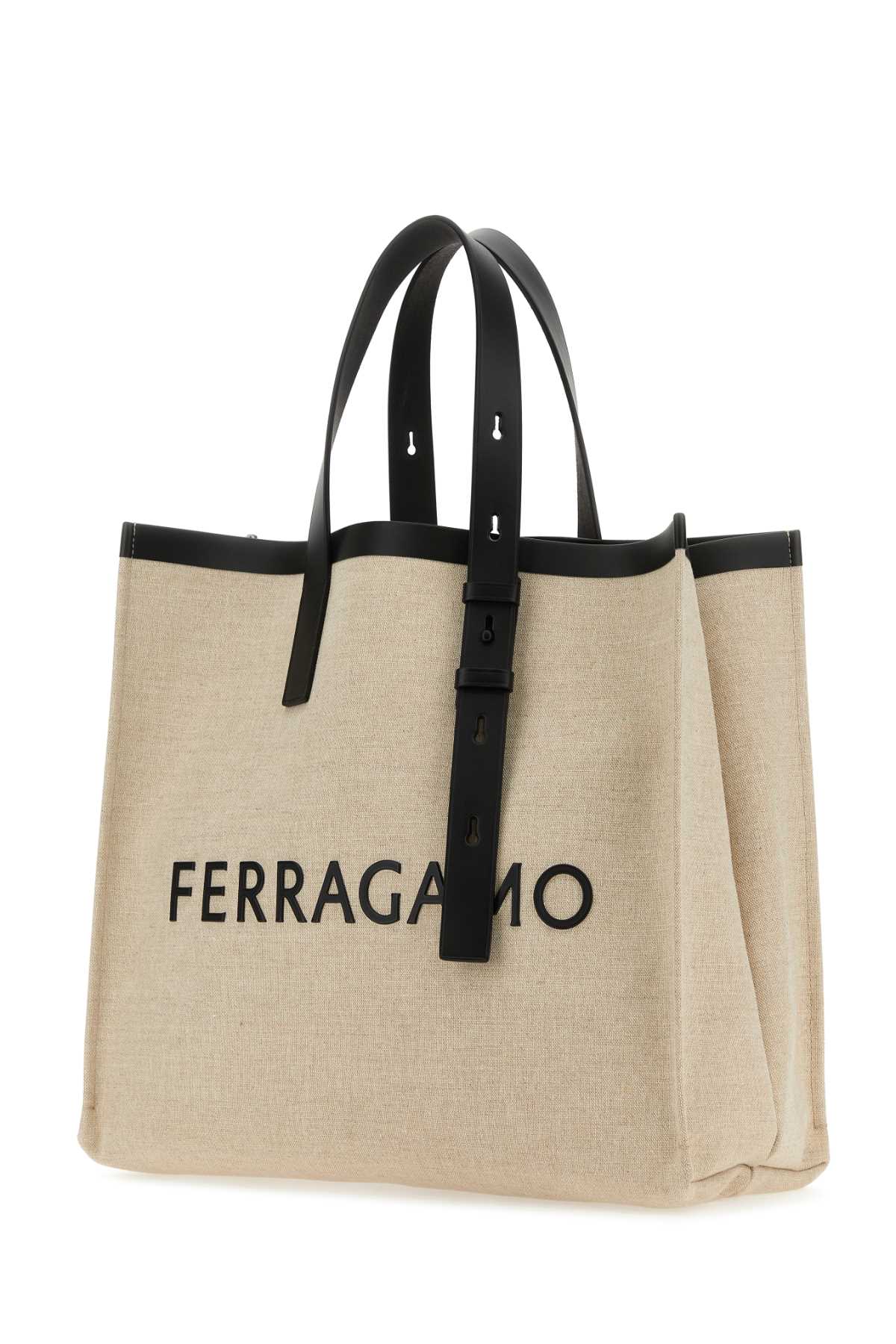 Shop Ferragamo Sand Canvas Shopping Bag In Naturalenero