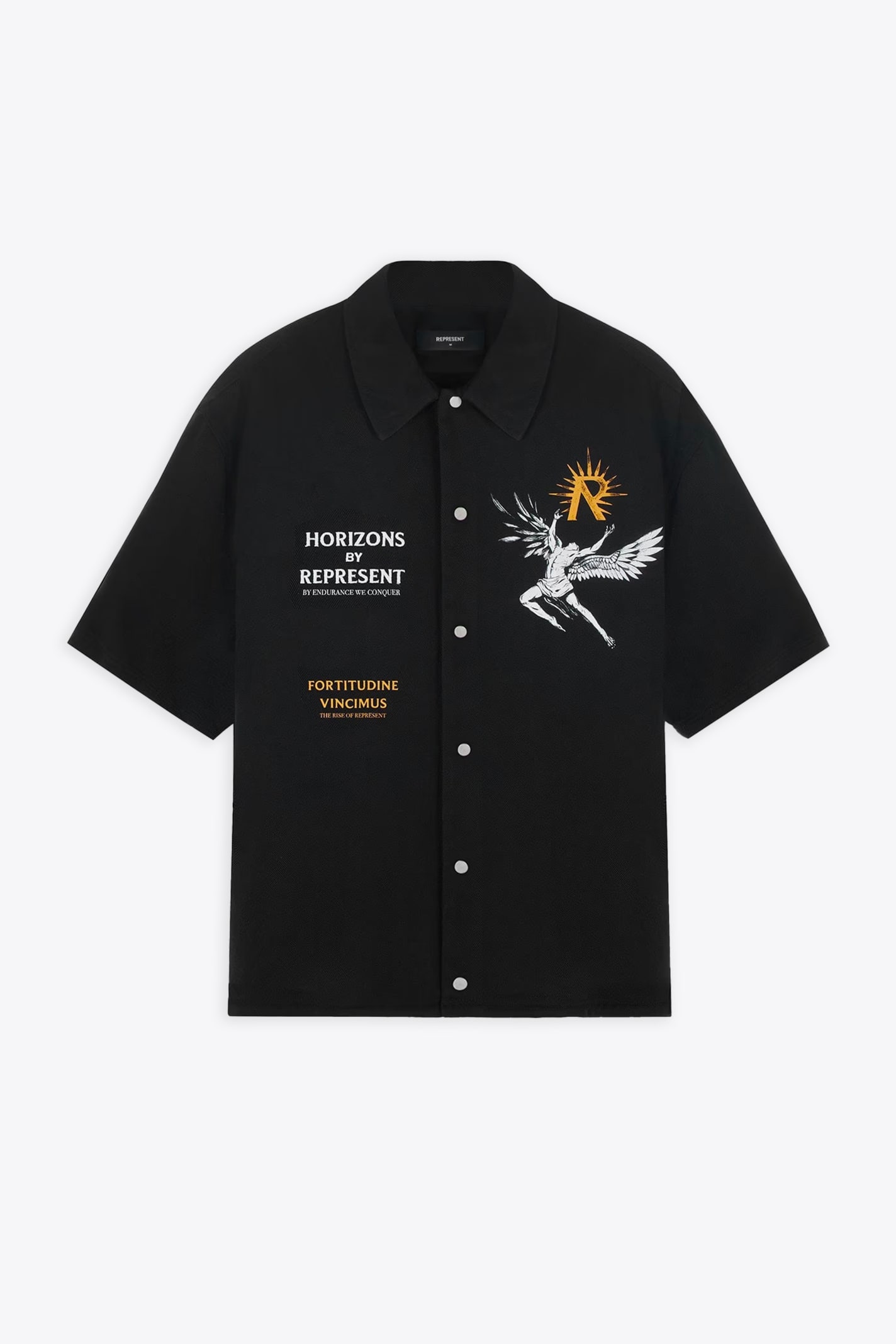 Shop Represent Icarus Ss Shirt Black Lyocell Shirt With Icarus Graphic Print And Logo - Icarus Short Sleeve Shirt In Nero