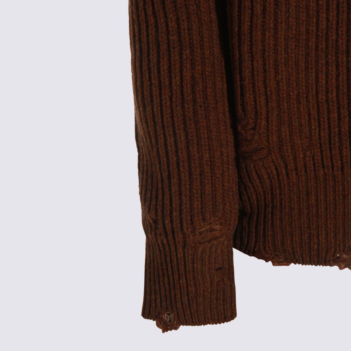 Mm6 Maison Margiela High Neck Ribbed Crewneck Sweater With Distressed Elbow Patches In Brown