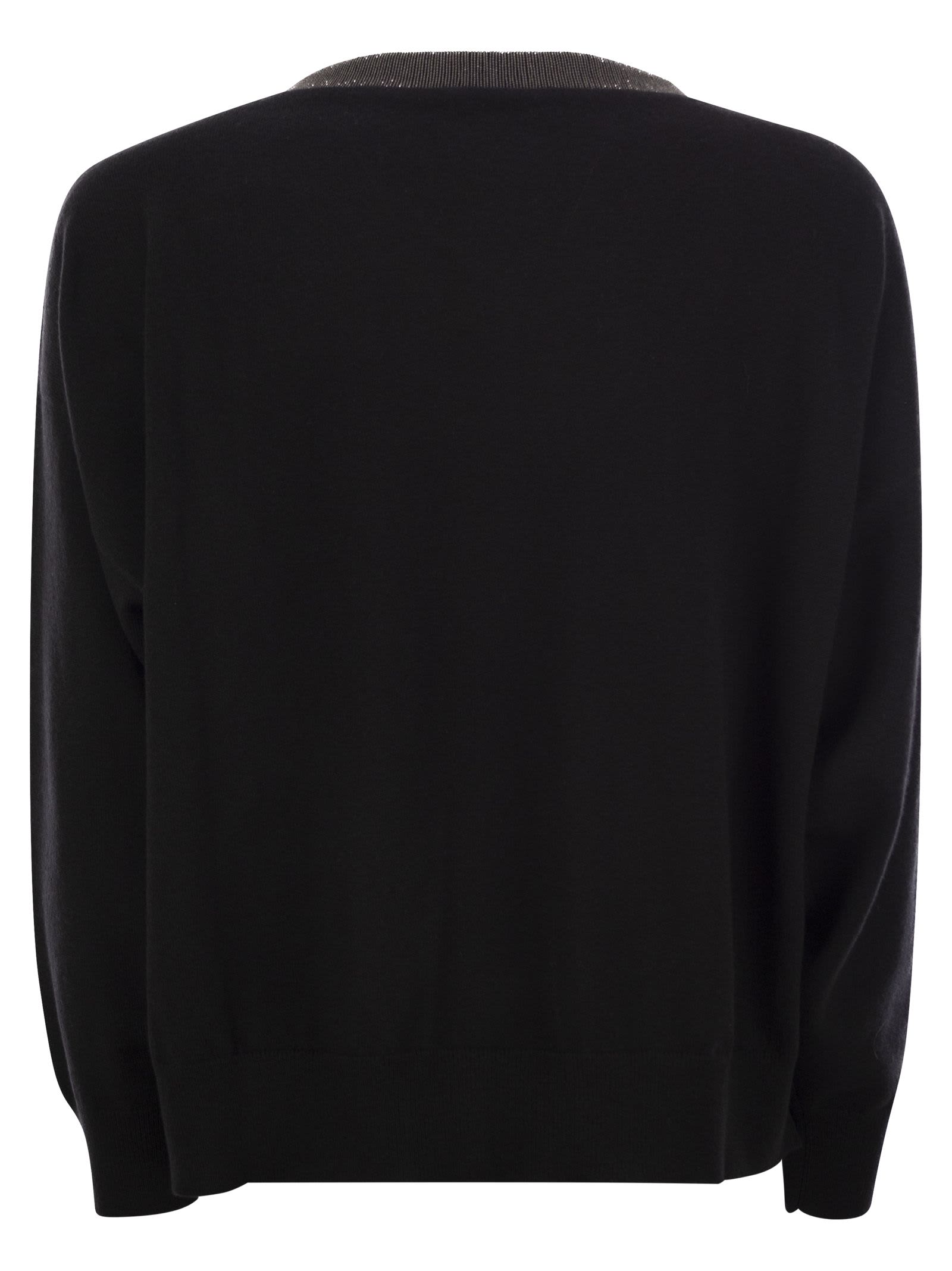 Shop Brunello Cucinelli Cashmere Sweater With Precious Ribbed Neckline In Black