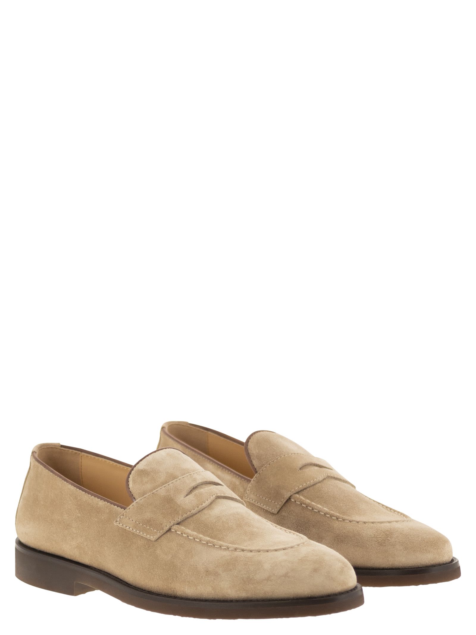 Shop Brunello Cucinelli Penny Loafer In Washed Suede In Hazelnut