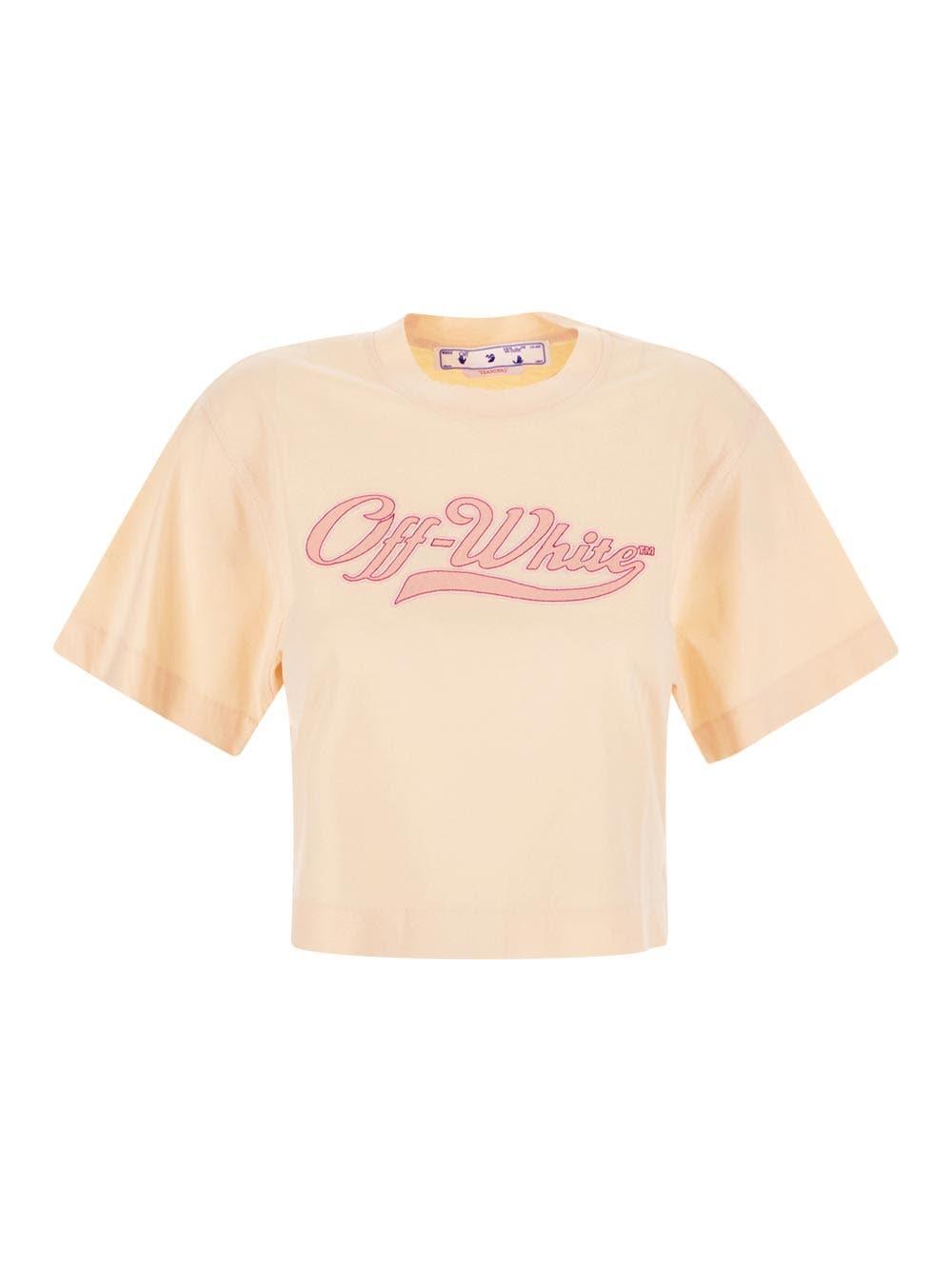 Off-white Logo-embroidered Cropped T-shirt In Cipria