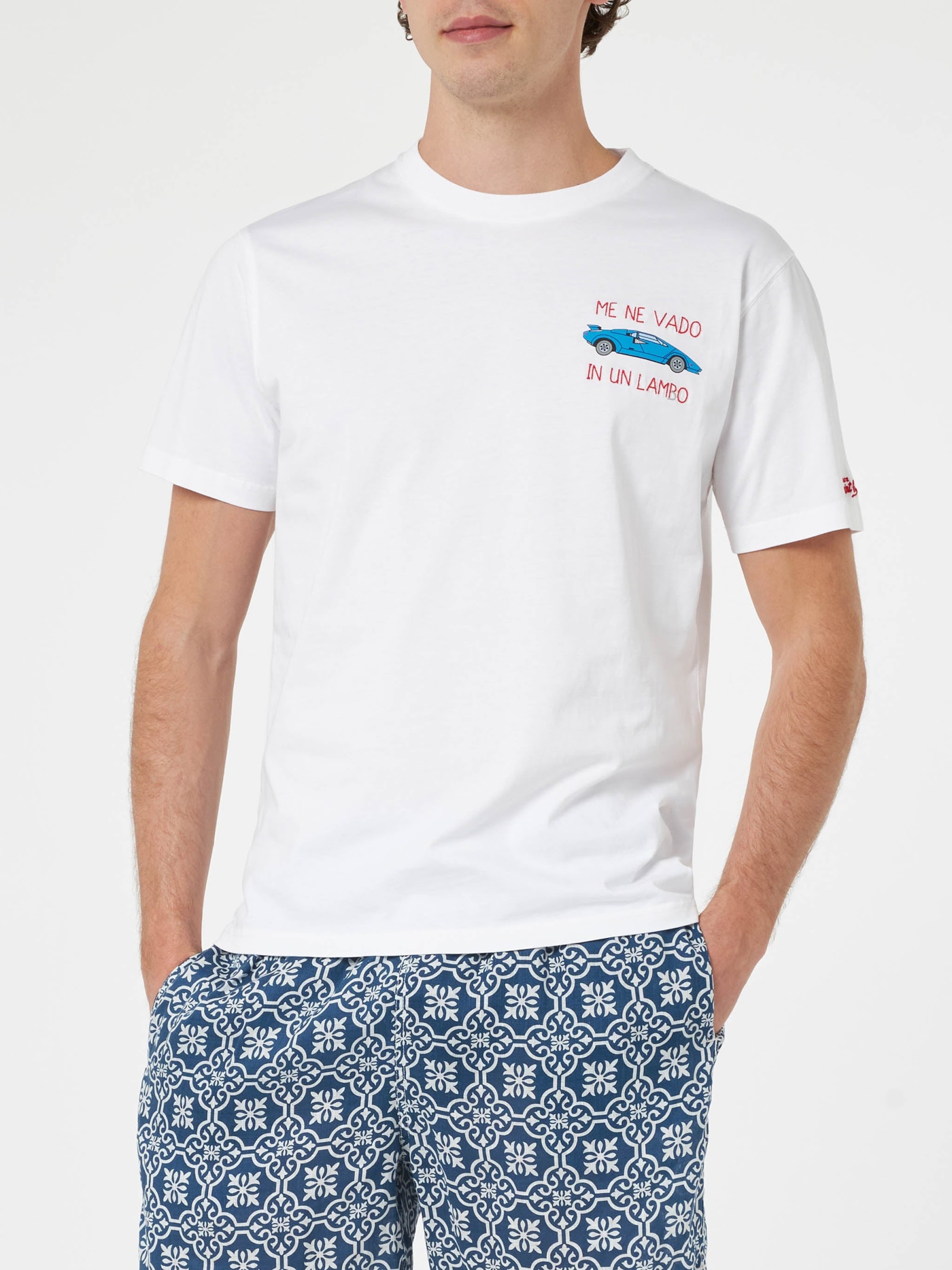 Mc2 Saint Barth Man Cotton T-shirt With Me Ne Vado In Un Lambo Embroidery And Car Placed Print In White