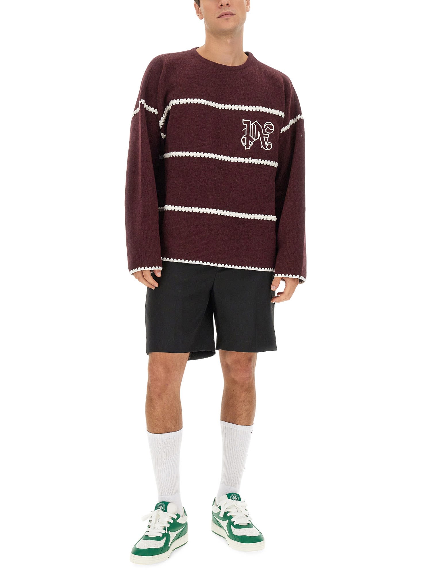 Palm Angels Embroidered-monogram Striped Jumper In Bordeaux