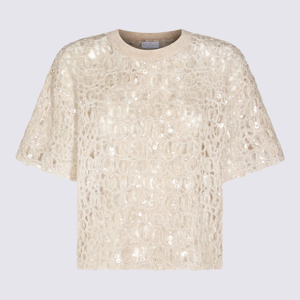 Brunello Cucinelli Short Sleeve Crew Neck Knitwear With Sequins In Neutral