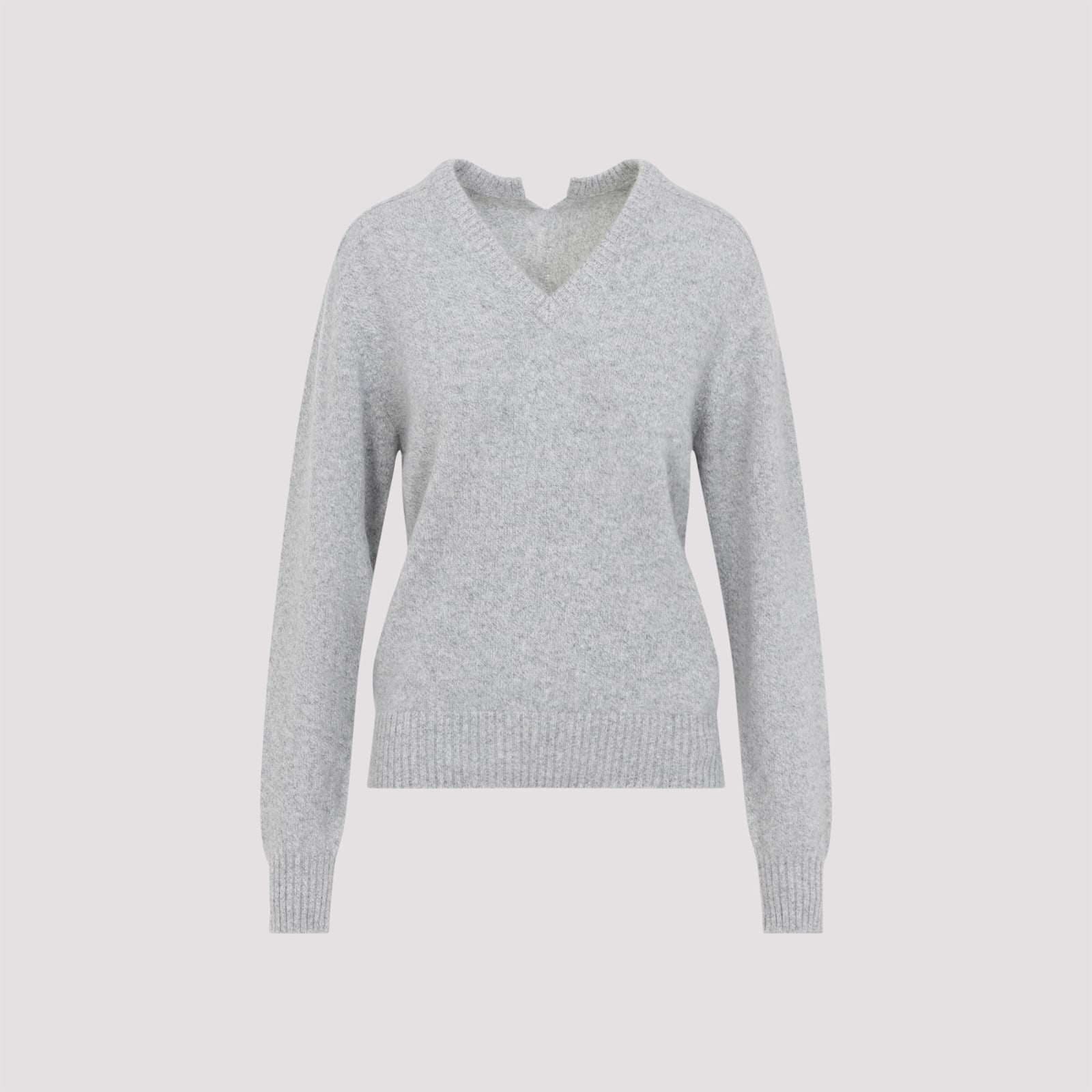 Carven V-neck Cashmere Knit Sweater With Ribbed Hem In Gray