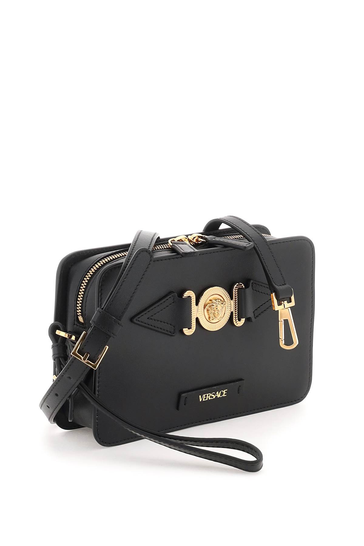 Shop Versace Medusa Biggie Messenger Bag In Black  Gold (black)