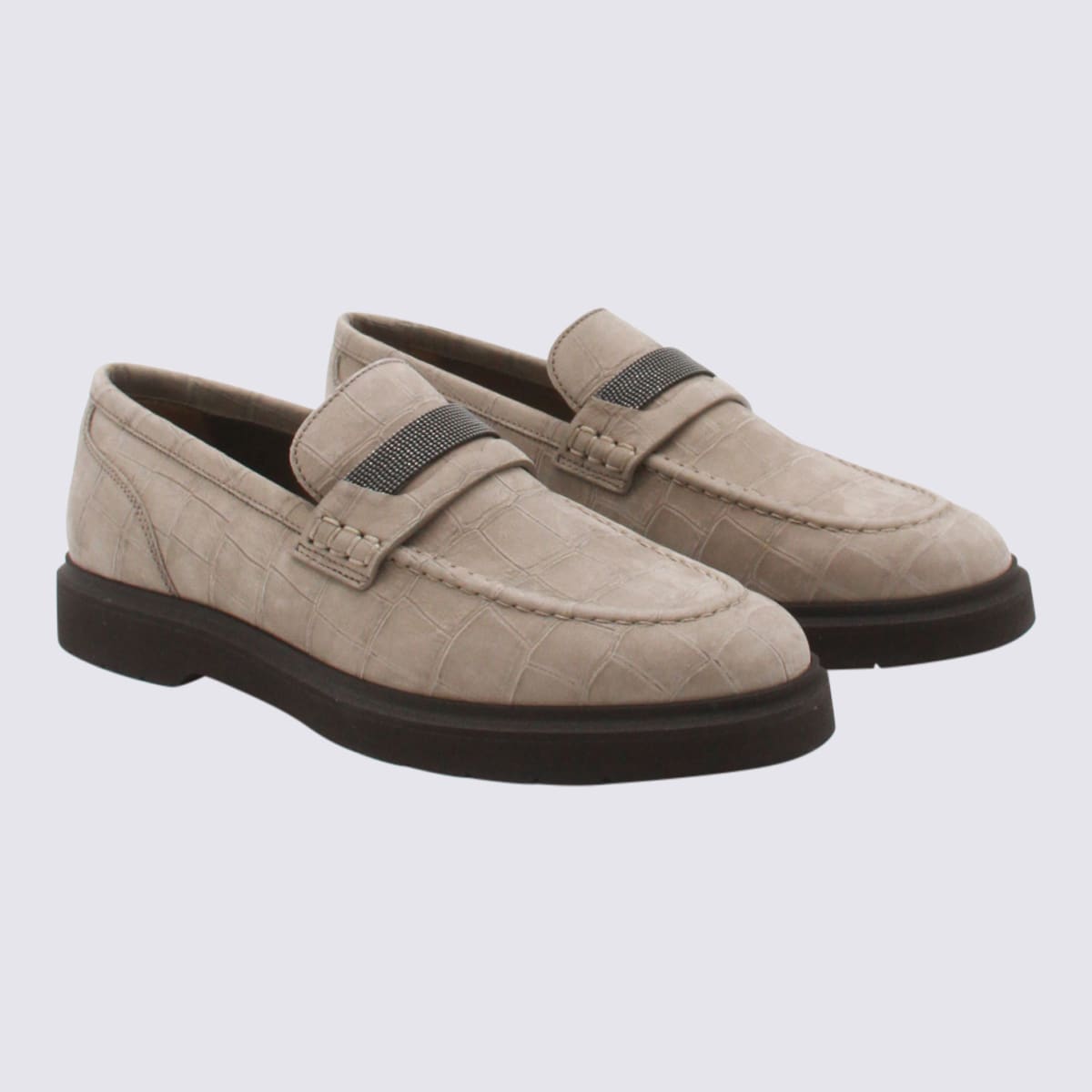 Brunello Cucinelli Crocodile Effect Round Toe Flat Sole Loafers In Neutral