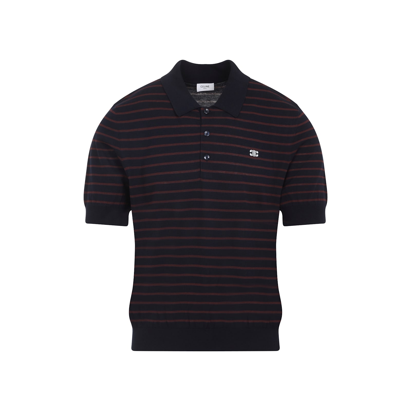 Celine Striped Short-sleeved Polo Sweater With Ribbed Hem In Black