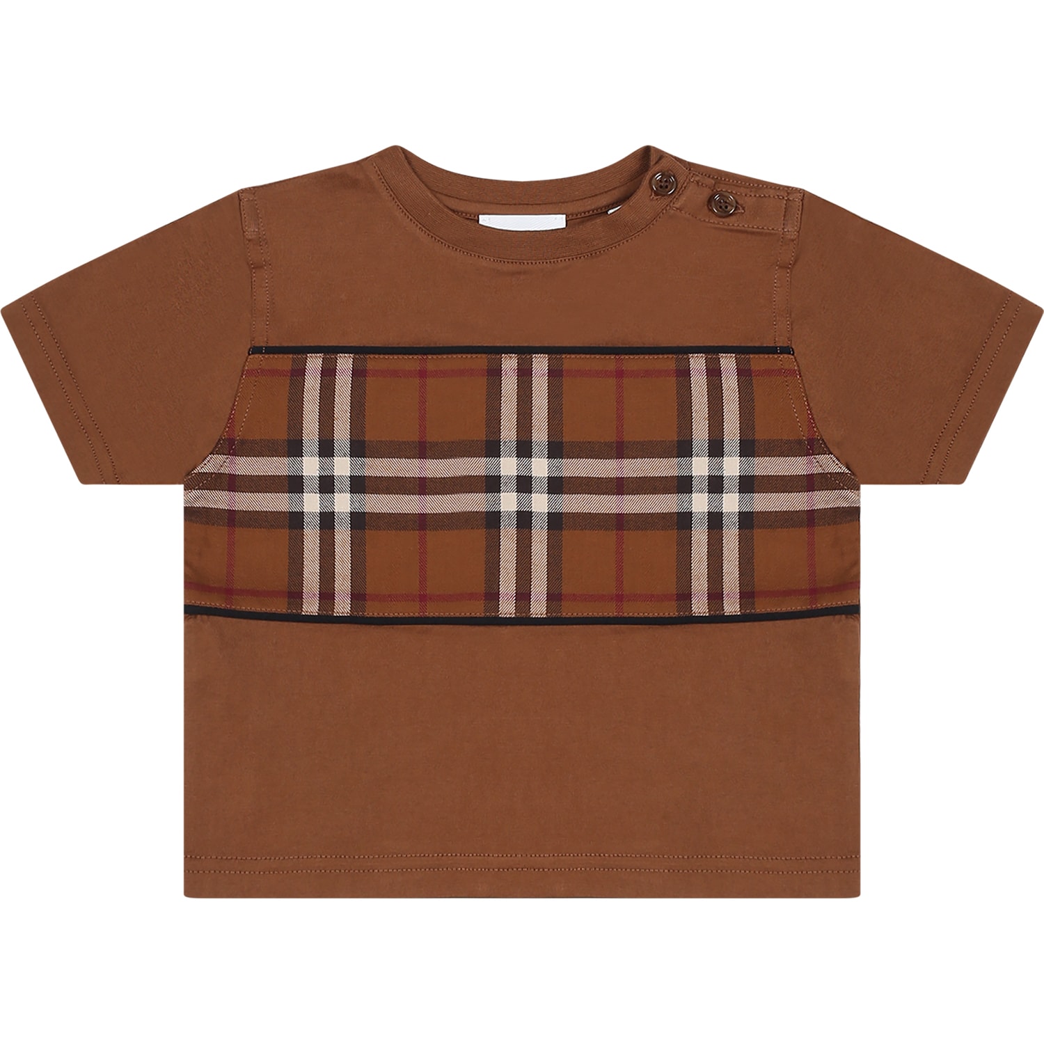 BURBERRY BROWN T-SHIRT FOR BABY BOY WITH ICONIC CHECK