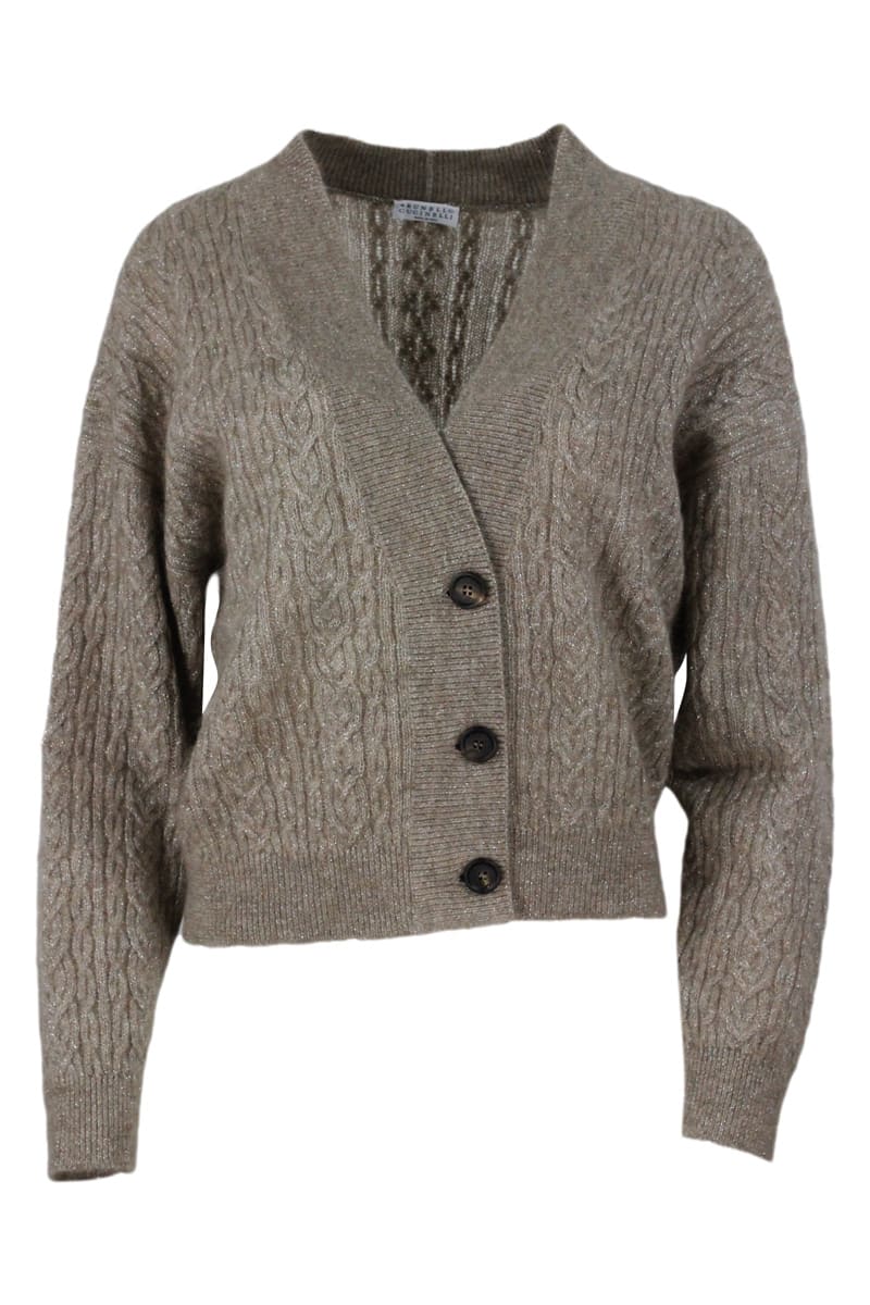 Brunello Cucinelli Cable Knit Wool Blend Cardigan Sweater