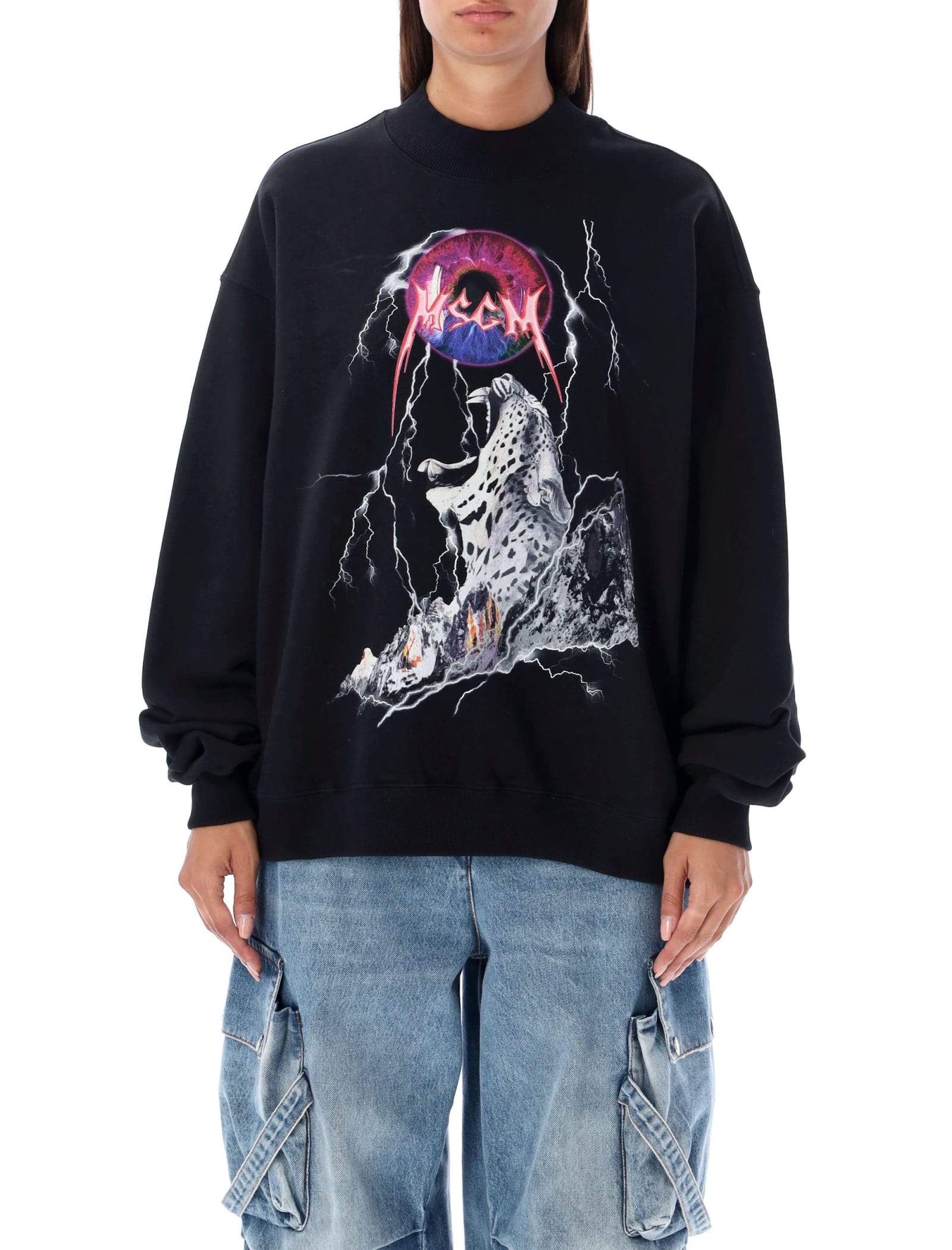 Shop Msgm Crewneck Panther Rock Sweatshirt In Black