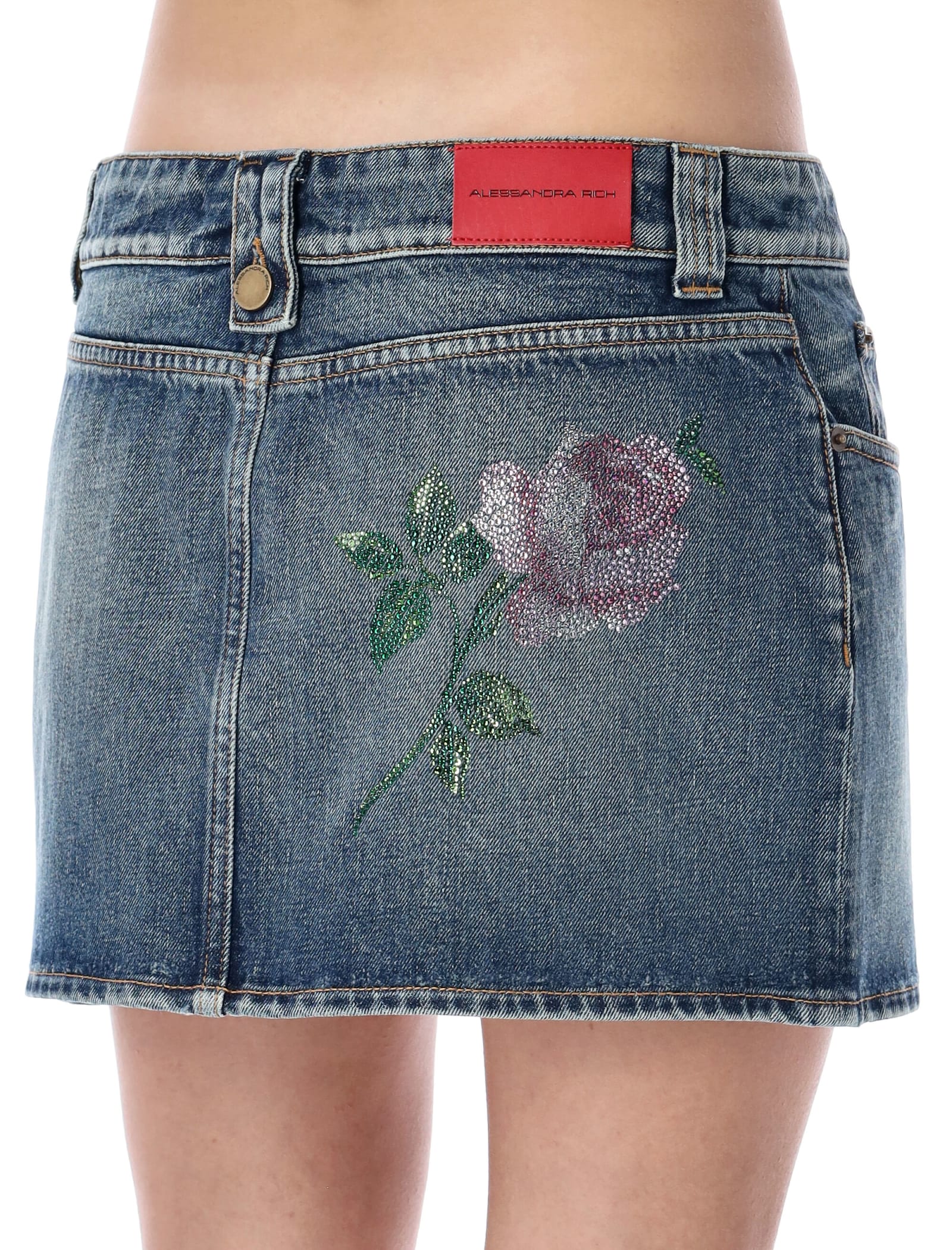 ALESSANDRA RICH DENIM MINI SKIRT WITH CRYSTAL ROSE