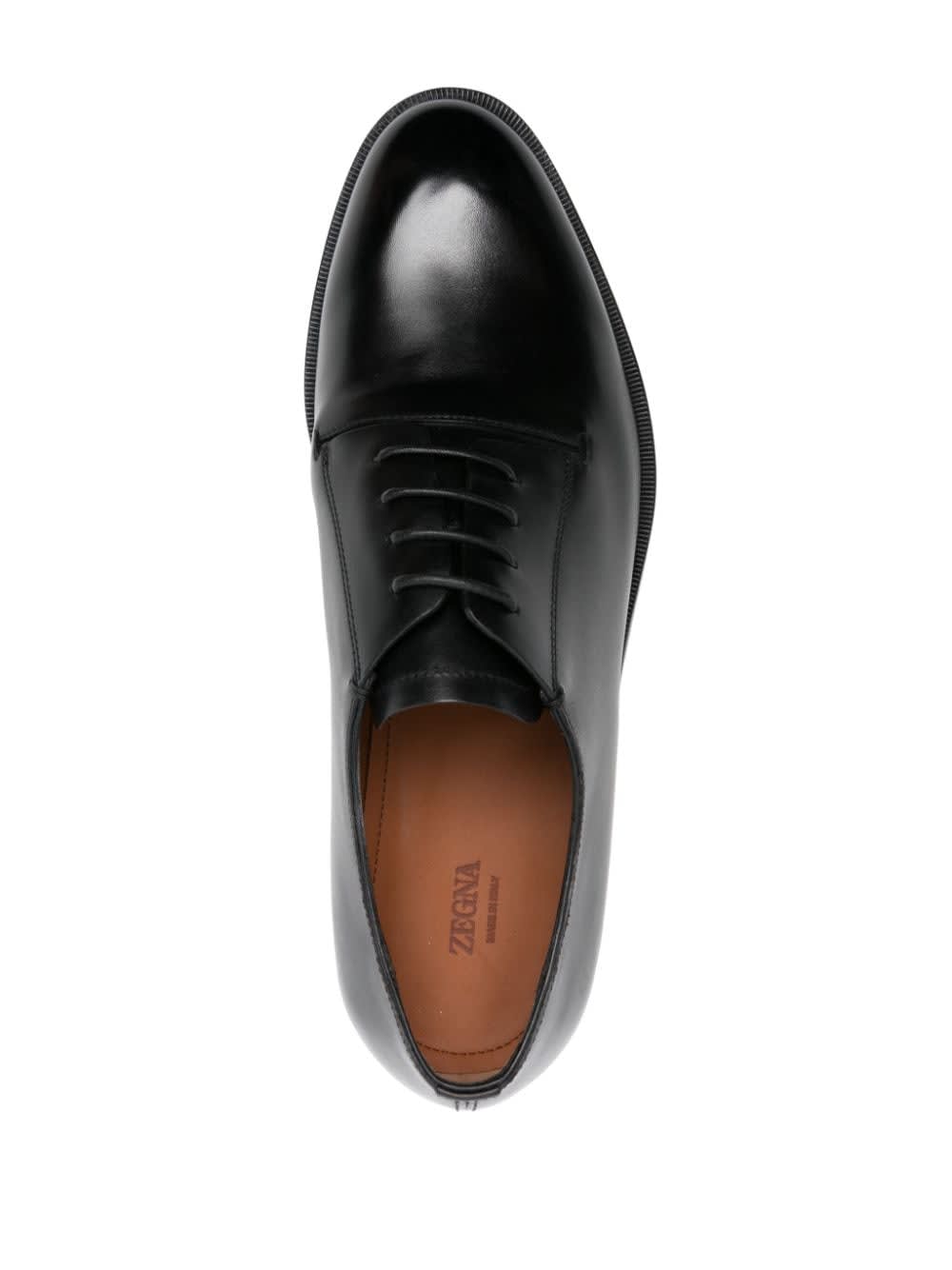 Shop Zegna Almond-toe Leather Derby Shoes In Black