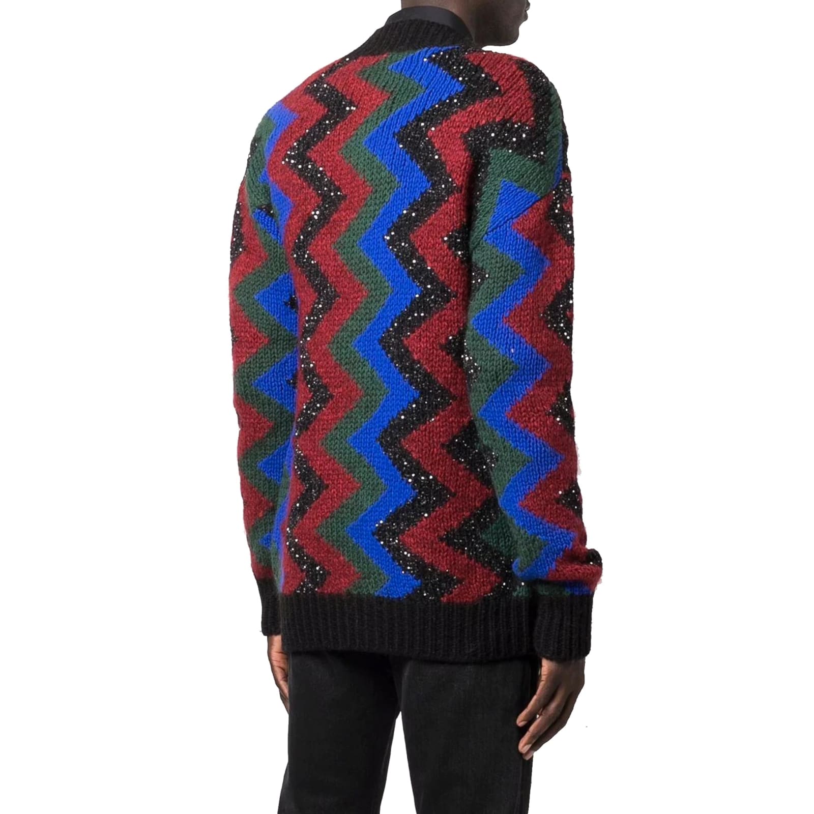 Saint Laurent Zig Zag Jacquard Sequin Cardigan In Black