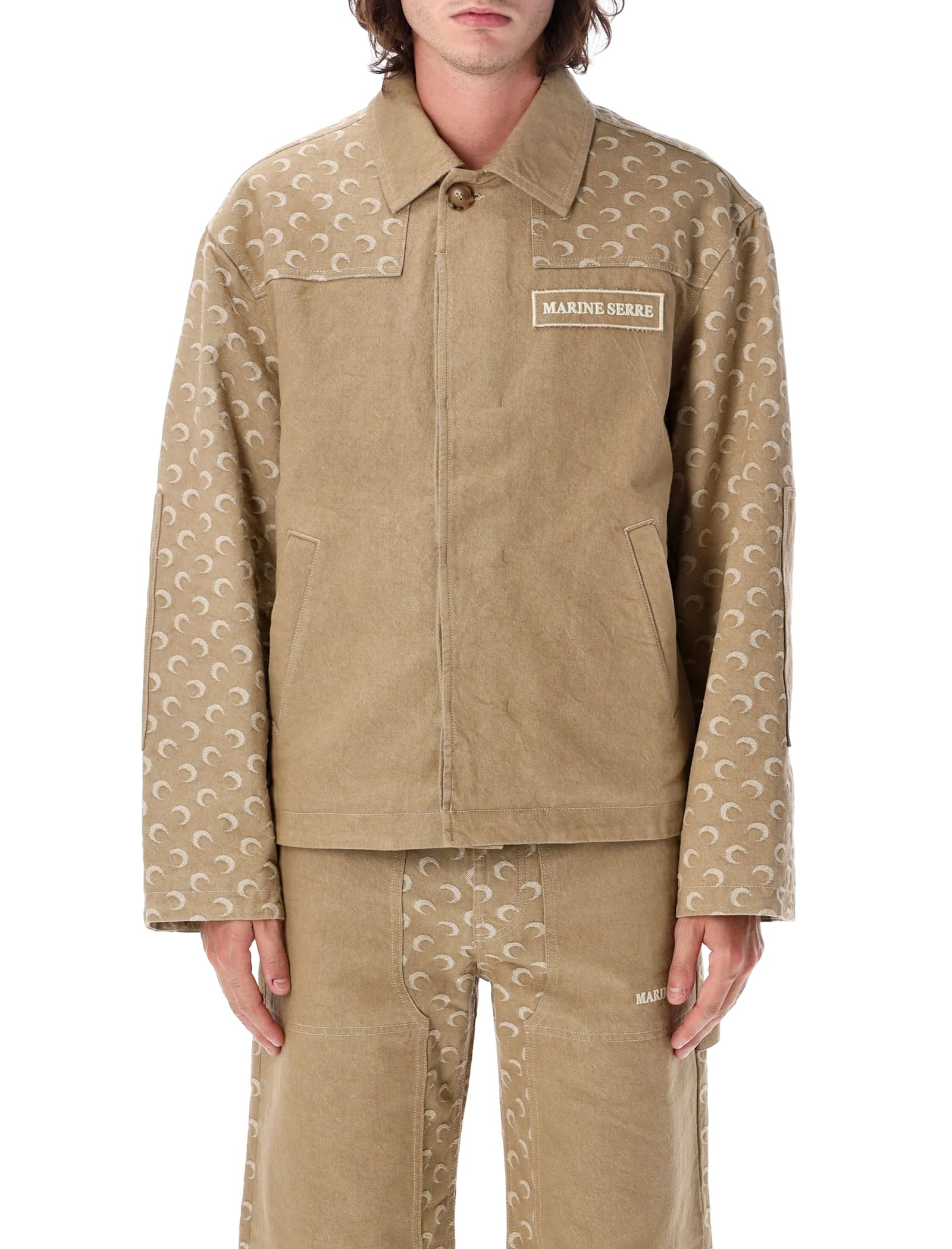 Shop Marine Serre Moon Jacquard Twill Workwear Jacket In Dark Beige