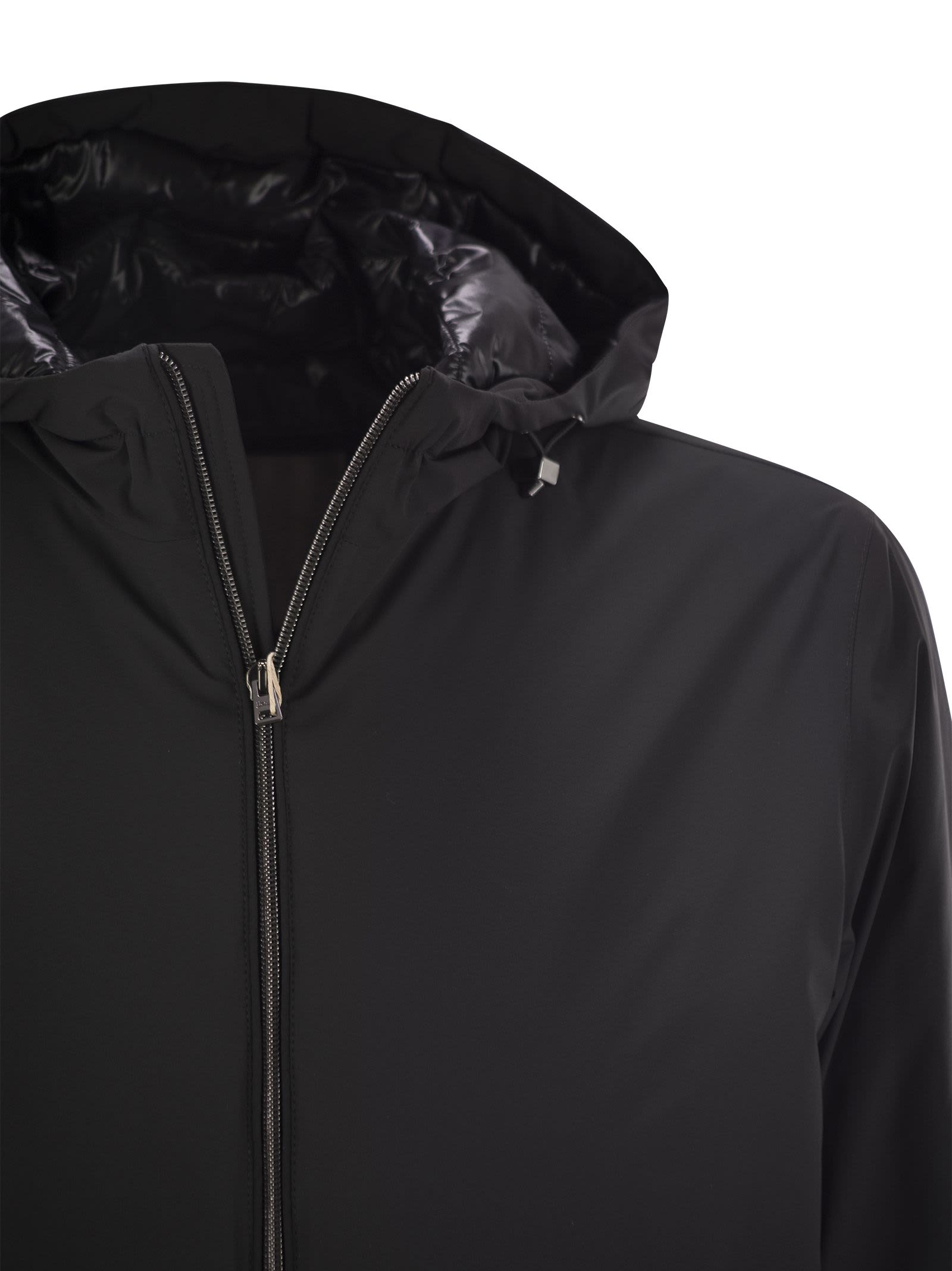 Shop Herno Technical Fabric Bomber Jacket With Hood In Black