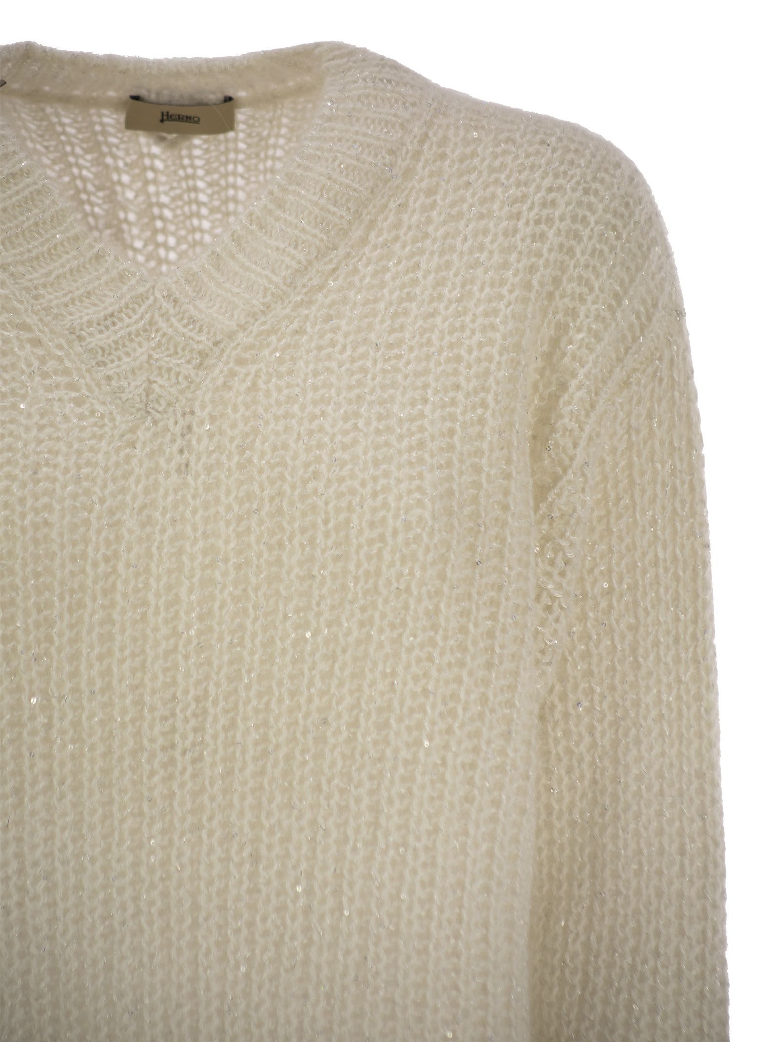 Herno V-neck Long-sleeved Sweater In Natural
