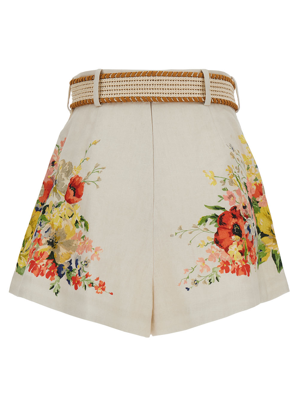 Shop Zimmermann White Shorts With Floreal Print And Belt In Linen Woman In Multicolor