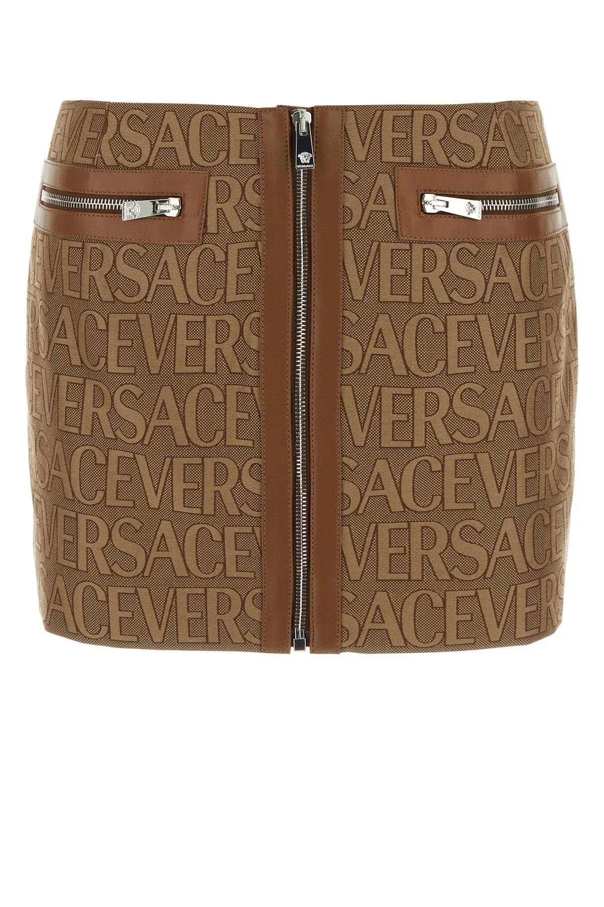 Shop Versace Embroidered Jacquard Mini Skirt In Beige