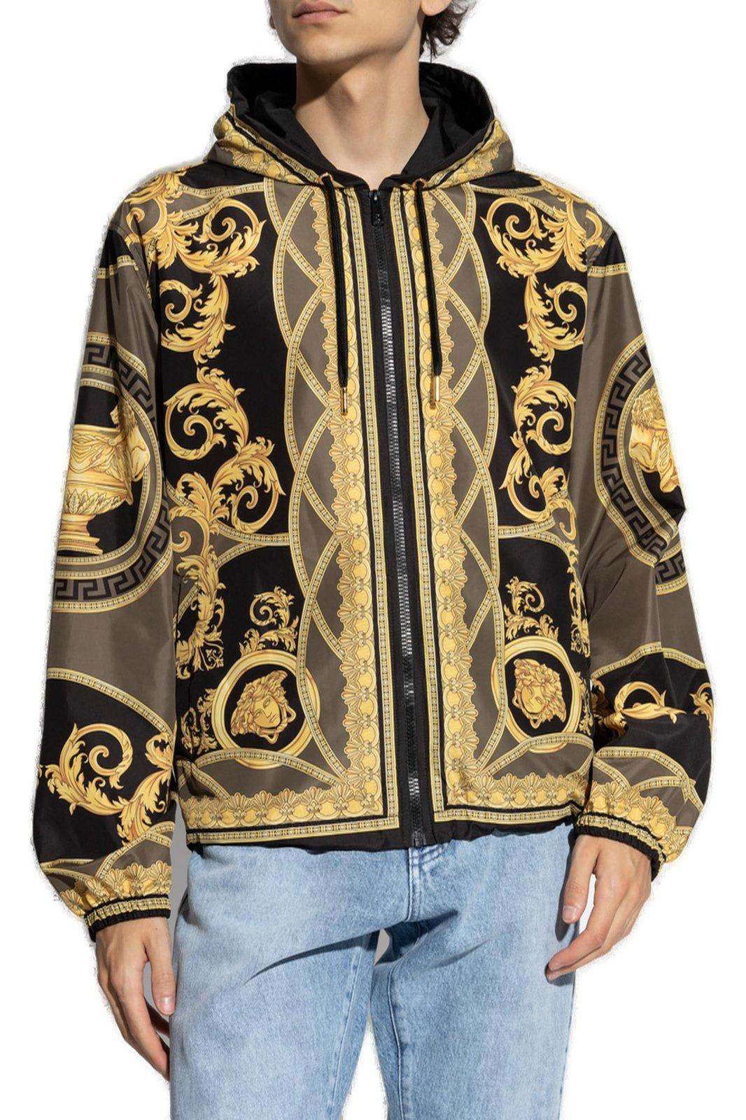 Shop Versace La Coupe Des Dieux Zipped Windbreaker In Black+dark Olive+gold (green)