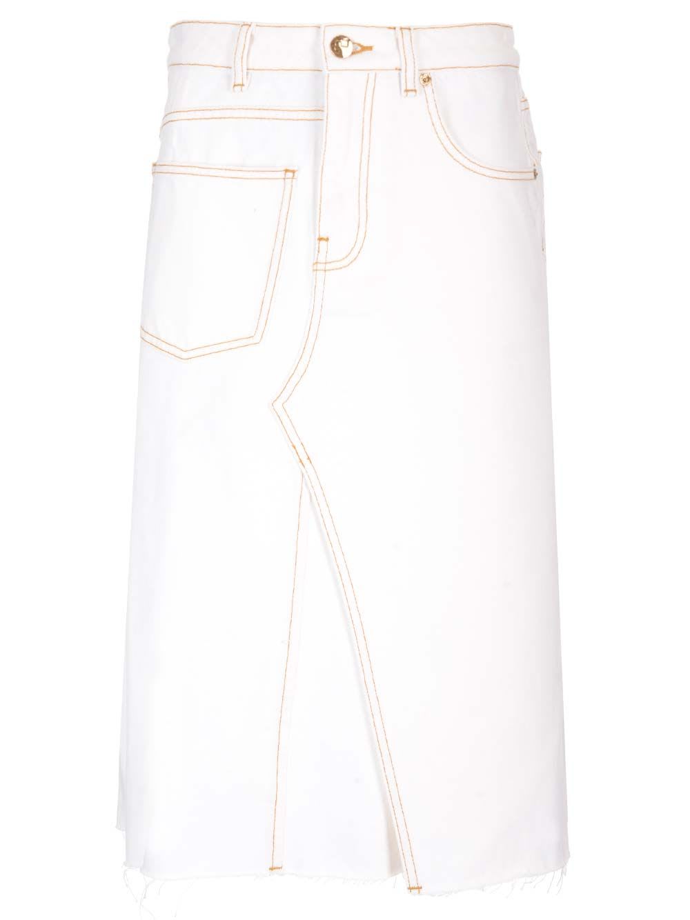 Shop Tory Burch Deconstructed Denim Skirt In Beige