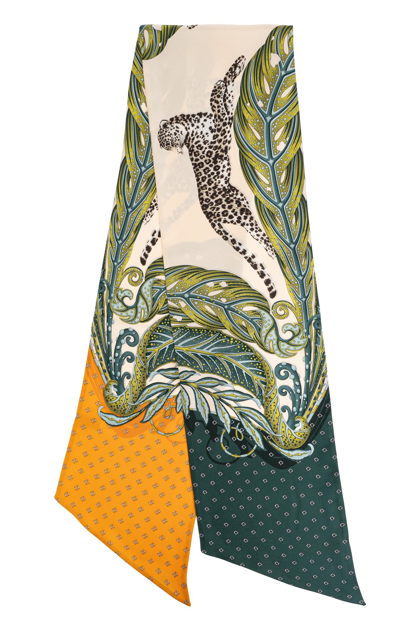 Ferragamo Leaf And Leopard Print Silk Scarf In Green