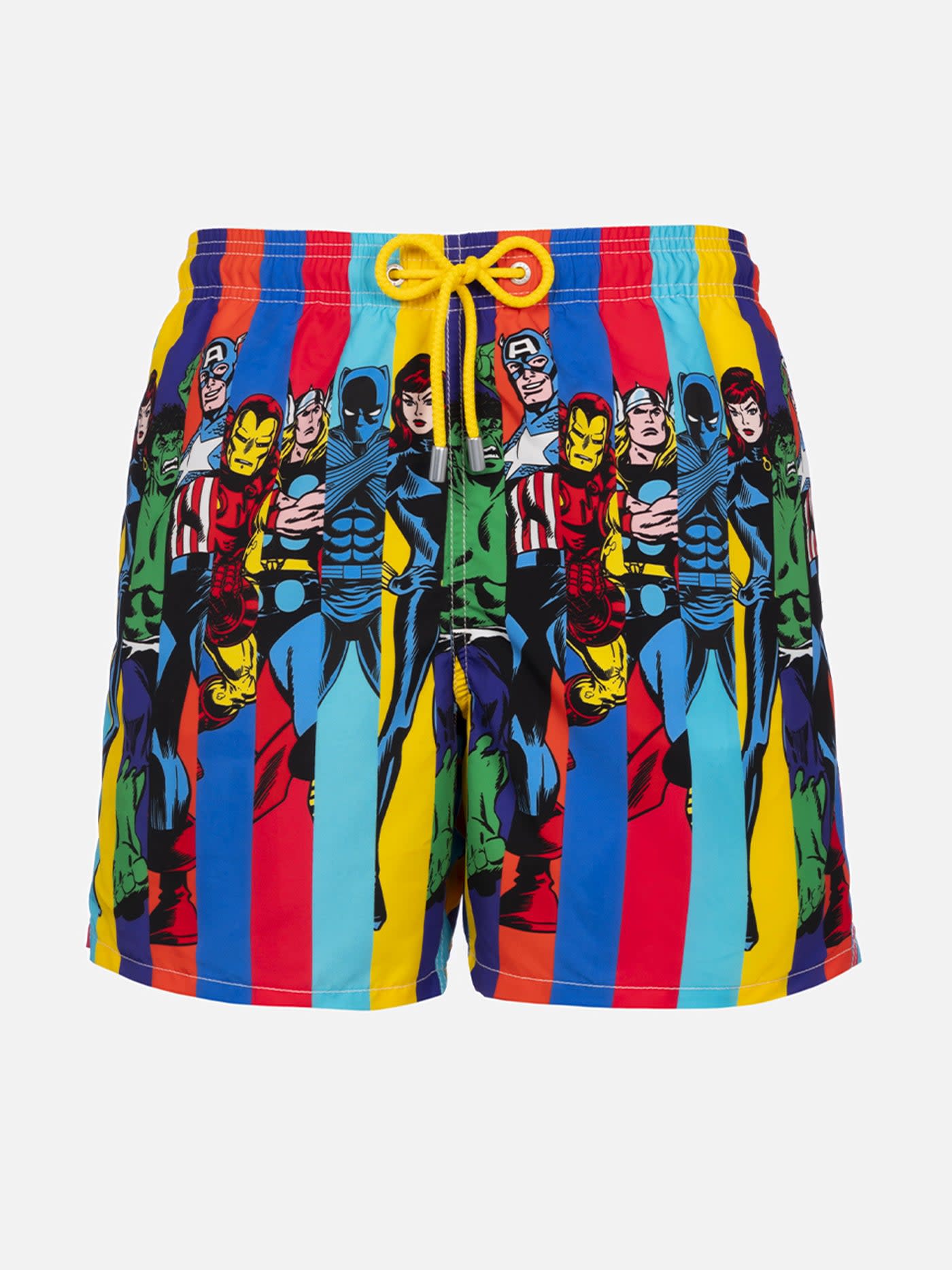 Mc2 Saint Barth Man Mid-length Gustavia Swim-shorts With Marvel Characters Placed Print Marvel Special Edition In White
