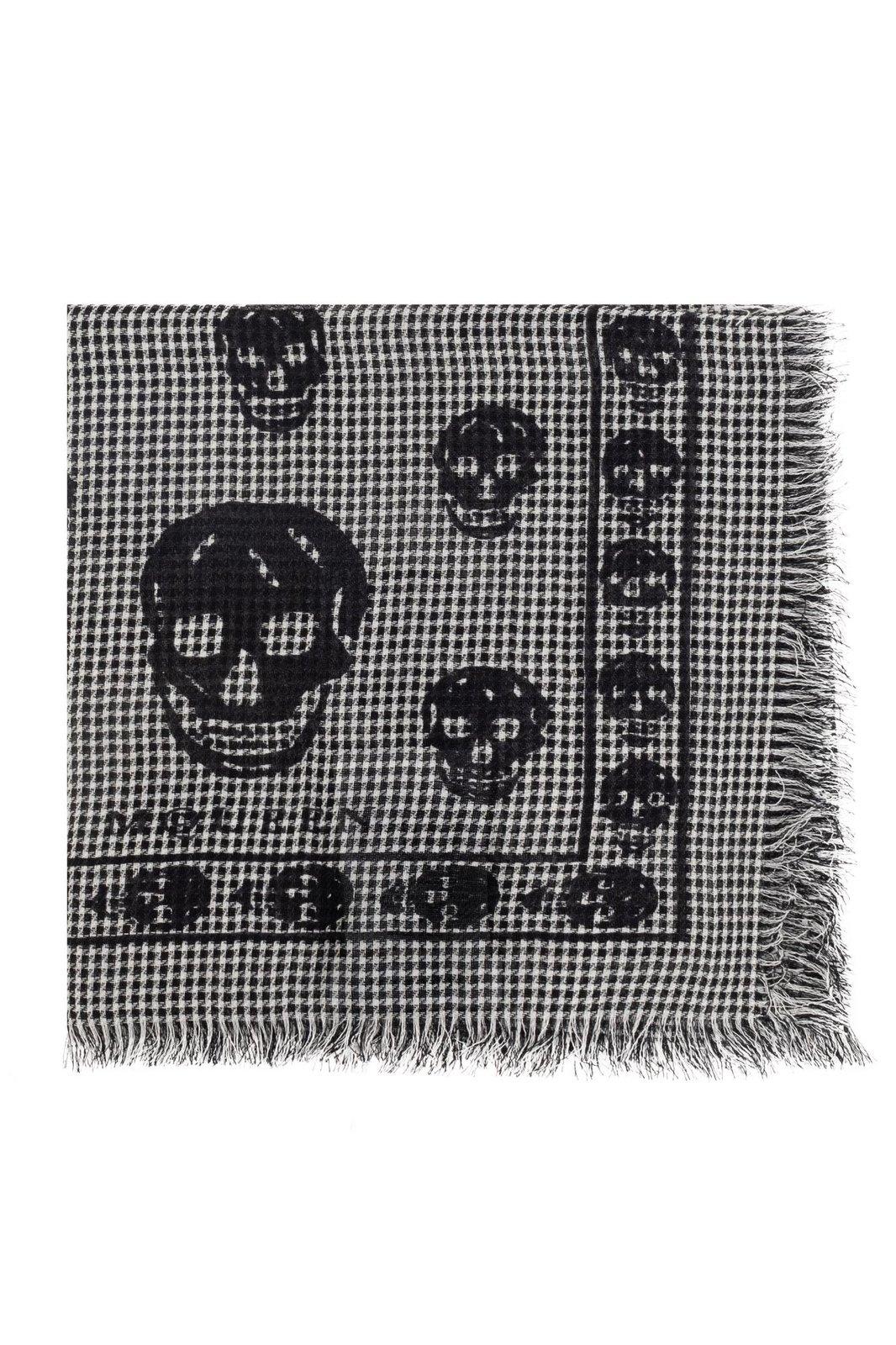 Houndstooth Skull Printed Frayed-edeg Scarf