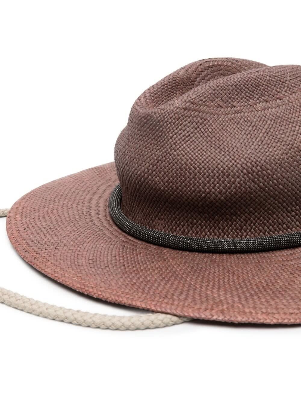 Brunello Cucinelli Brown Fedora Hat With Linen And Monili Rope String