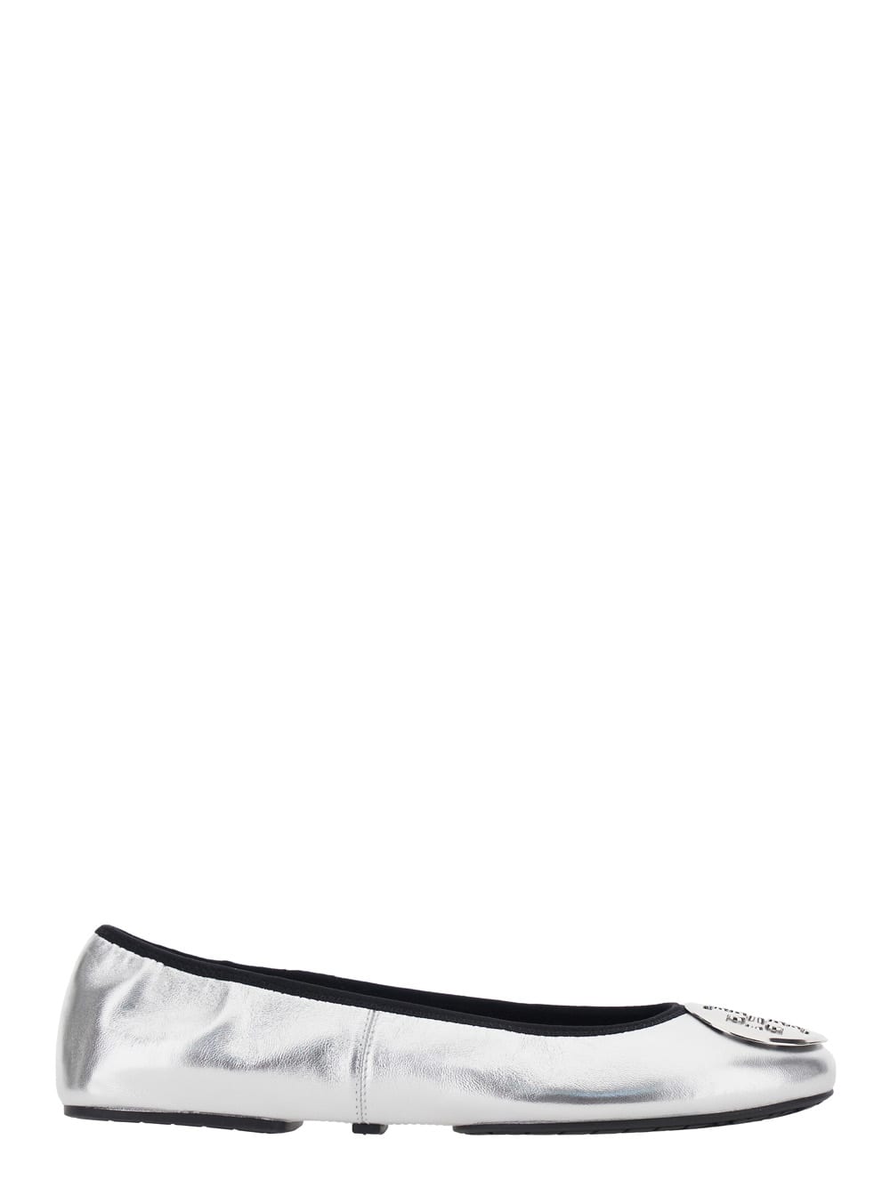 Tory Burch Silver Colored Ballerinas With Logo Plaque On The Front And Elasticated Design In Leather Woman