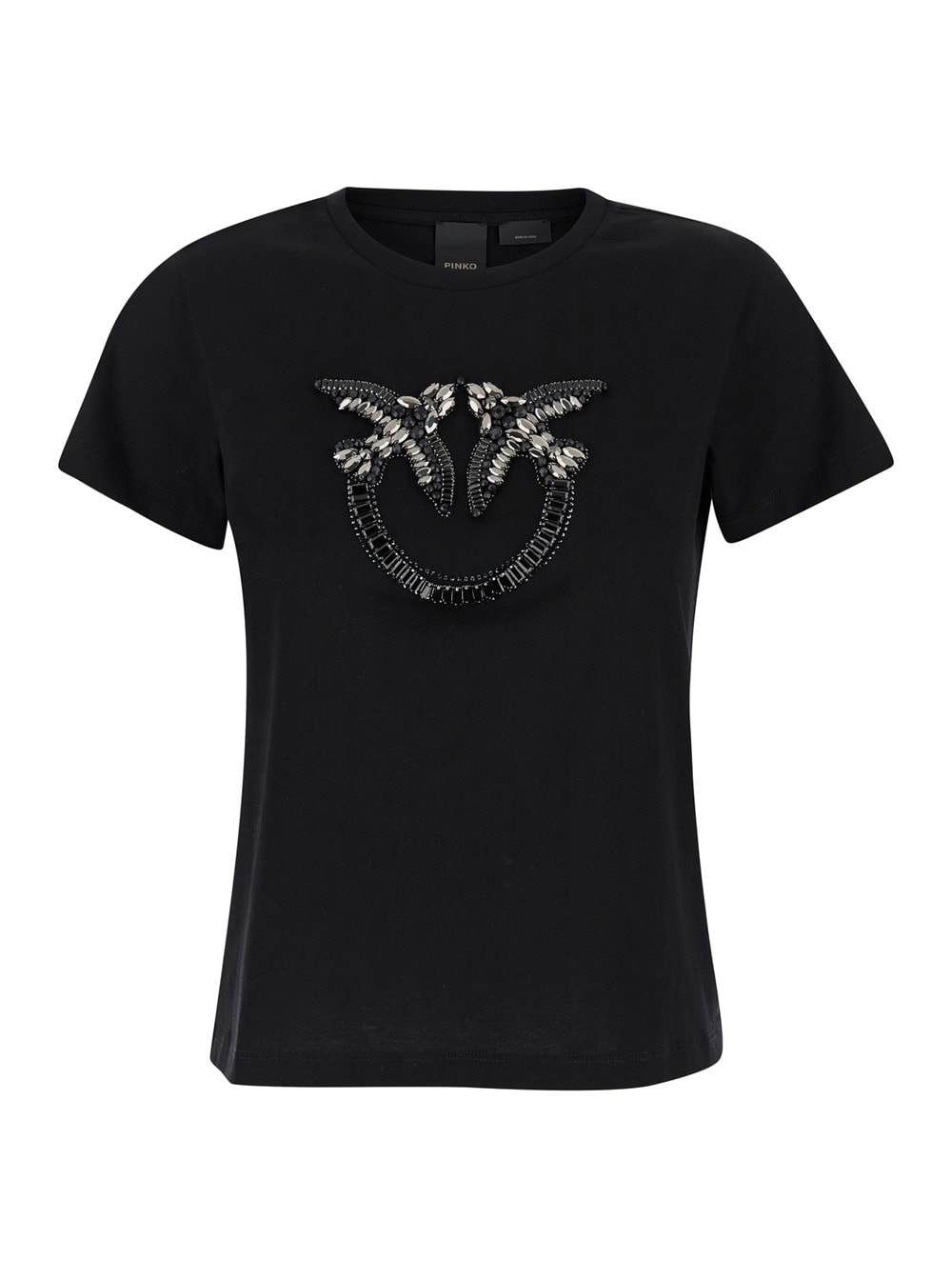 quentin Black Crewneck T-shirt With Rhinestoned And Beaded Logo In Jersey Woman