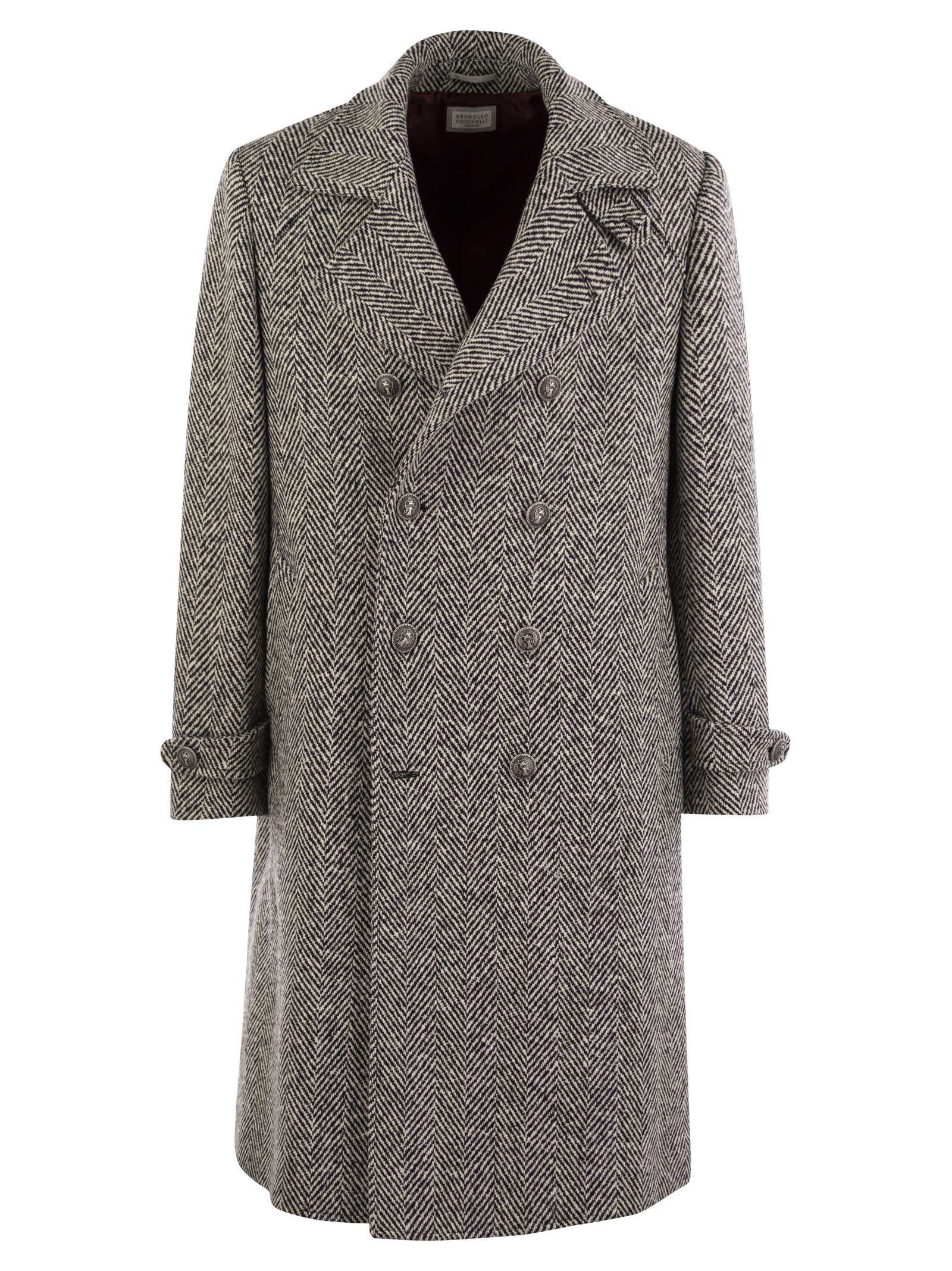 Shop Brunello Cucinelli One-and-a-half-breasted Coat In Herringbone Virgin Wool In Black/white