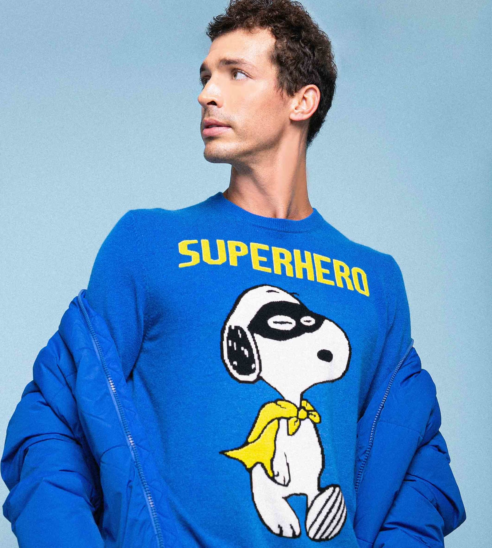 Shop Mc2 Saint Barth Man Lightweight Sweater With Snoopy Jacquard Print Snoopy Peanuts Special Edition In Blue