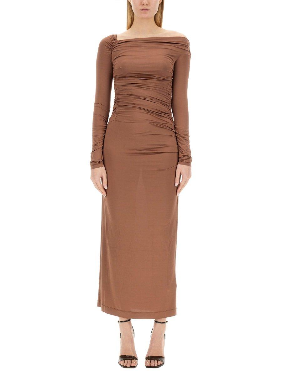 Shop Helmut Lang Off-the-shoulder Maxi Dress In Brown