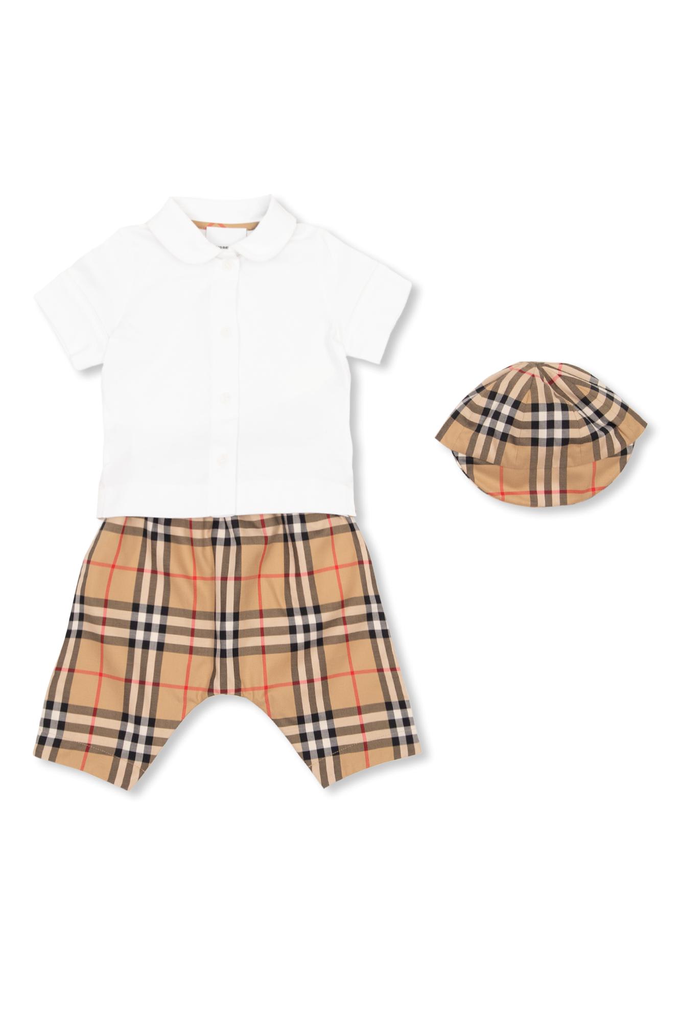 Burberry Babies' Shirt, Trousers & Baseball Cap Set In Archive Beige