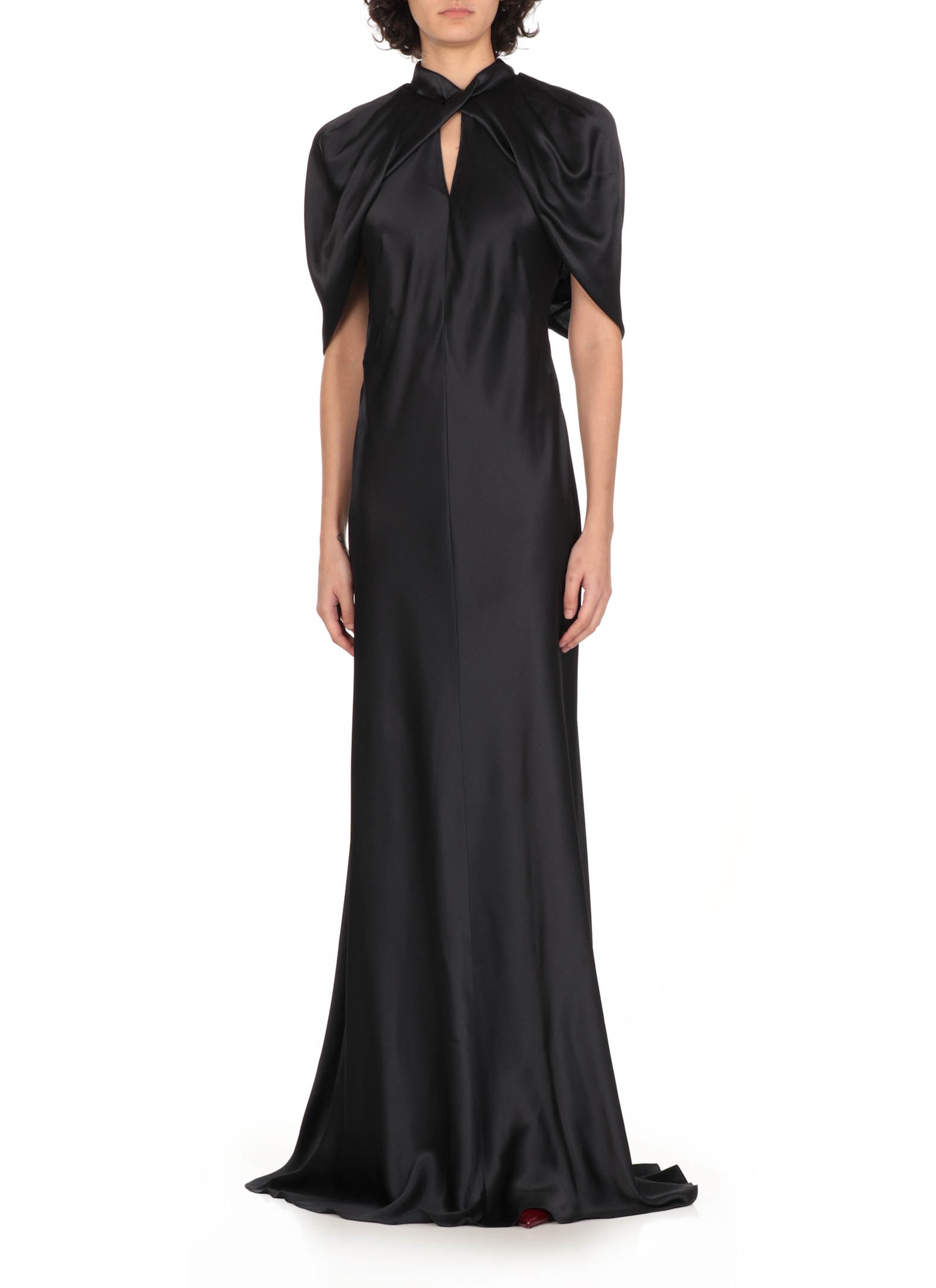 Alberta Ferretti Twisted Cape-sleeve Open-back Satin Gown In Blue
