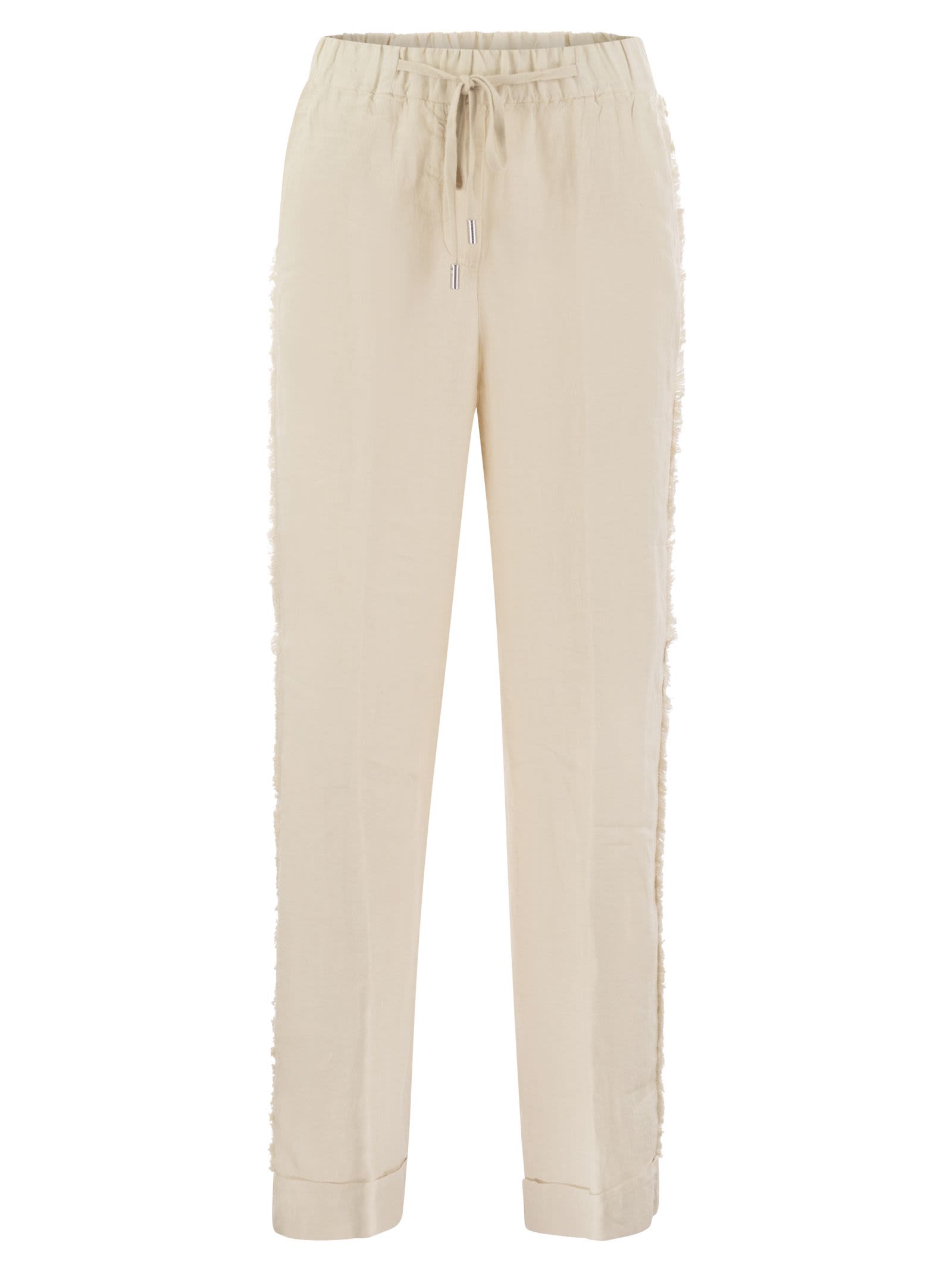 Shop Peserico Linen Trousers With Side Fringes In Beige