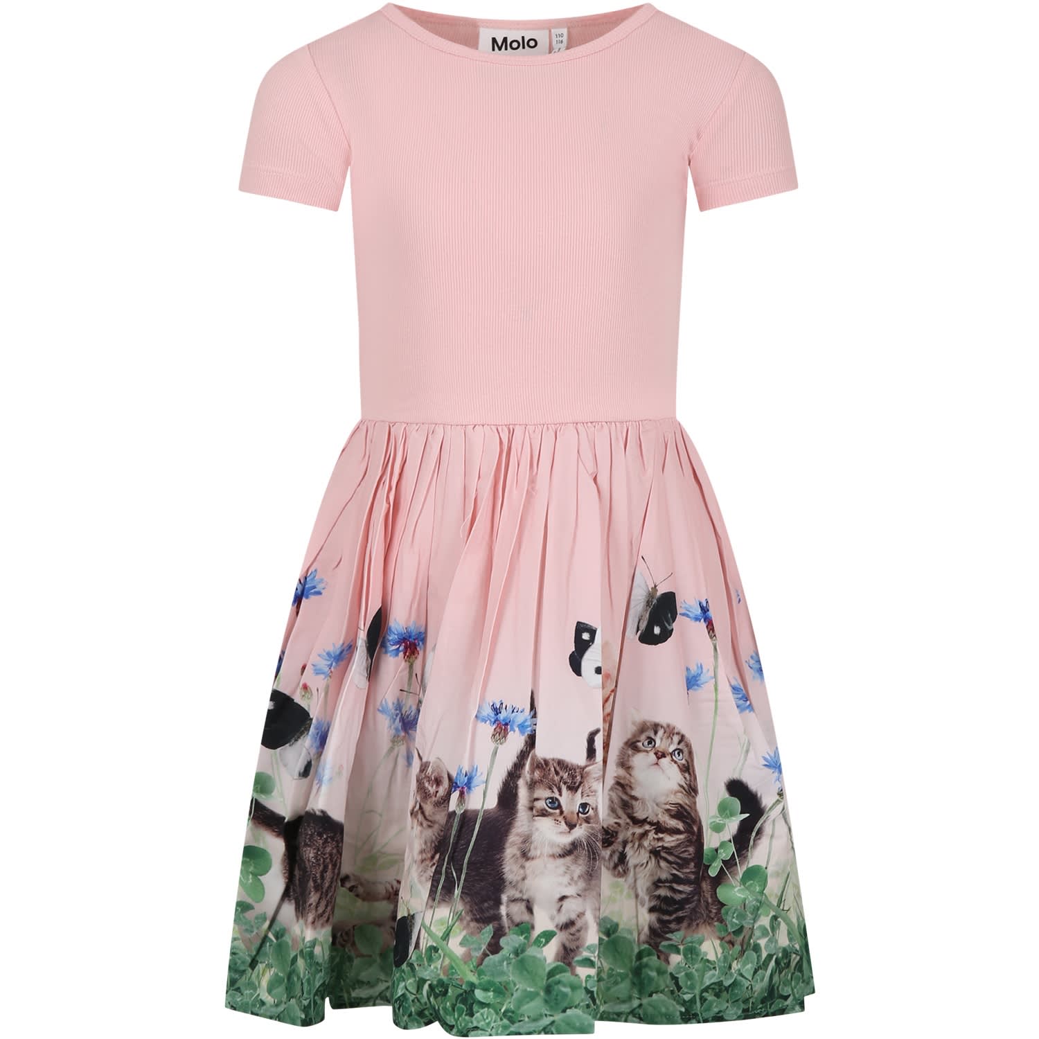 Molo Kids' Pink Dress For Girl With Cat Print