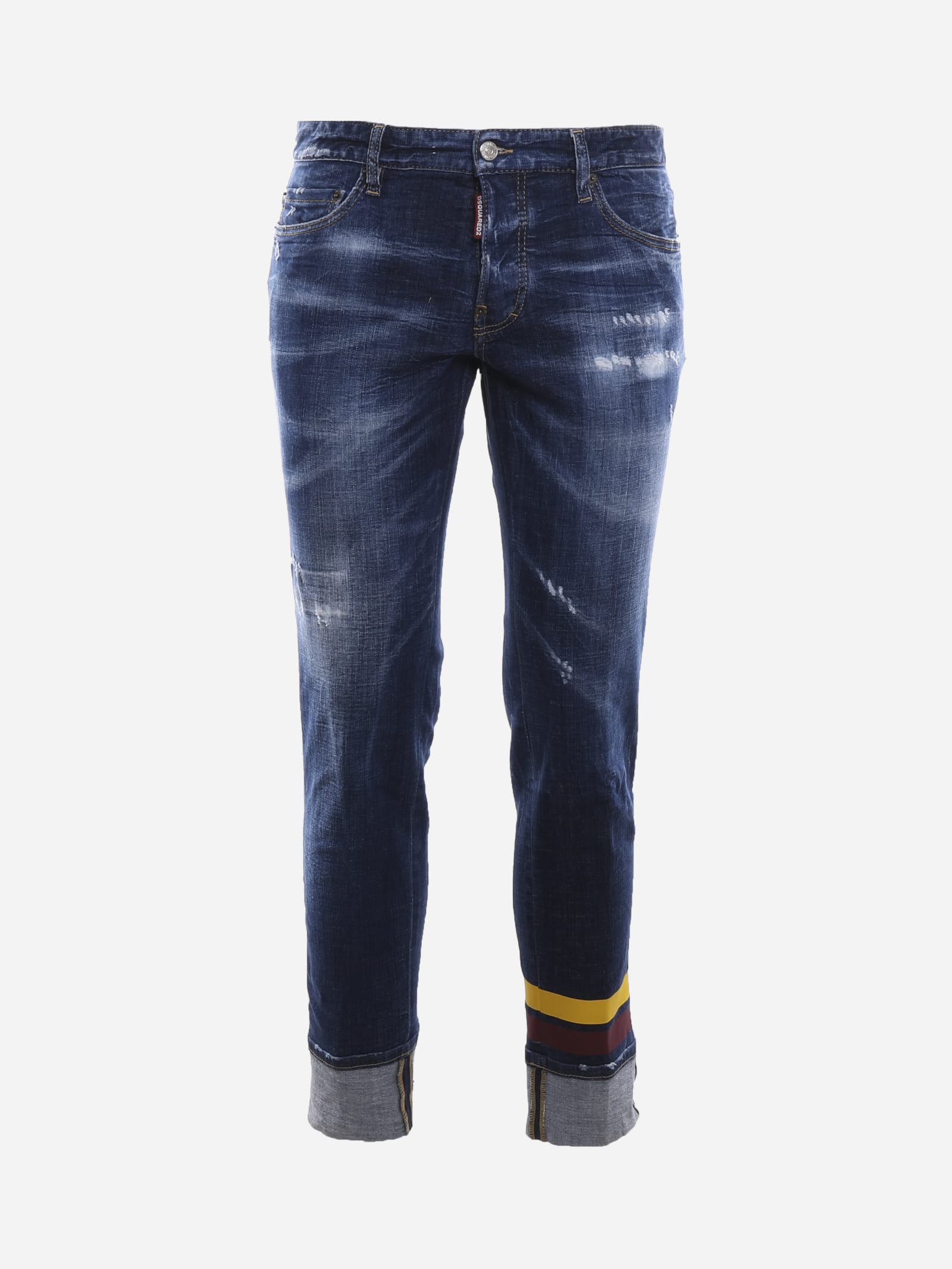 Dsquared2 Stretch Cotton Jeans With Contrasting Bands On The Bottom In Blue