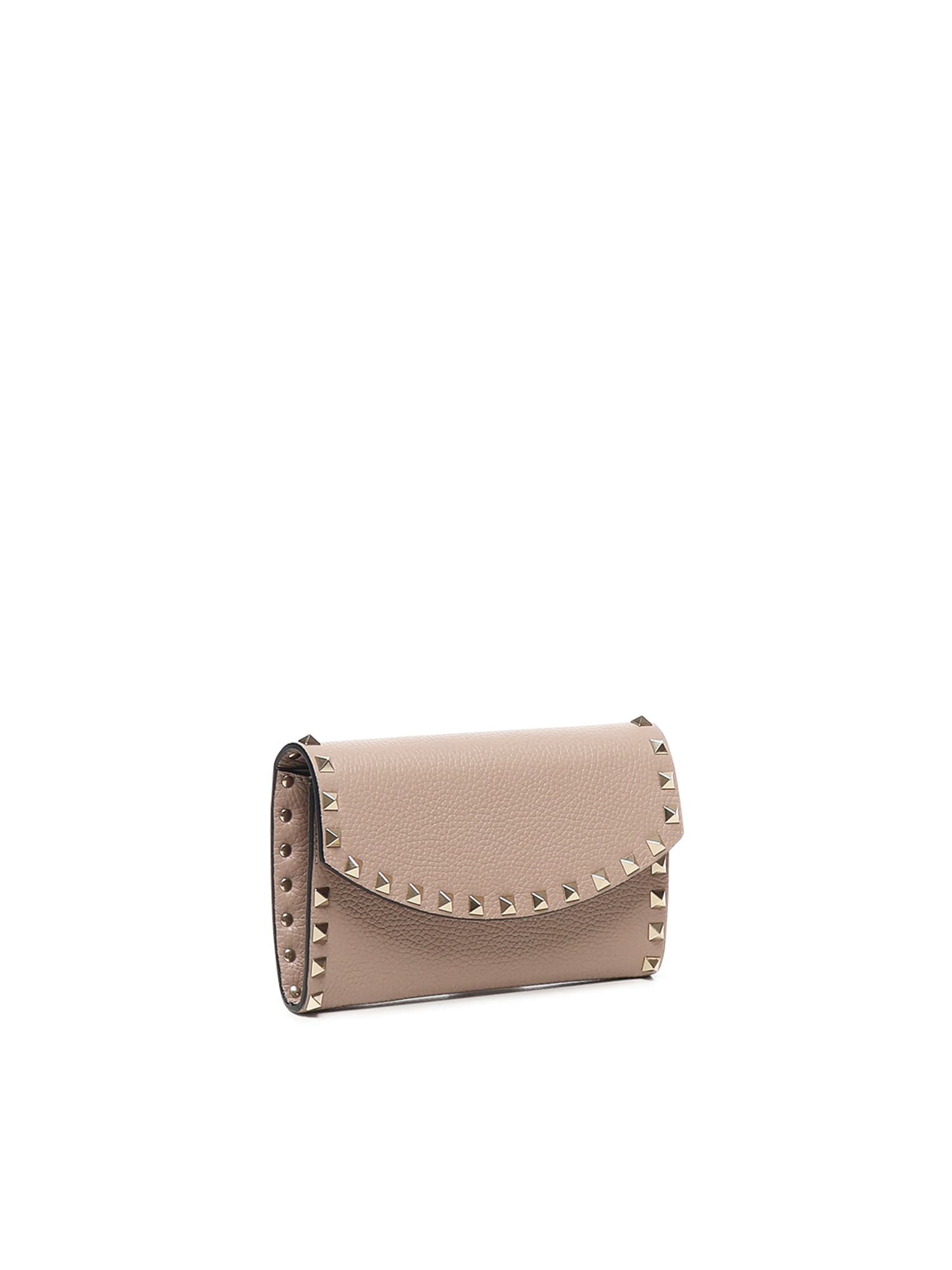 Valentino Rockstud Leather Wallet With Chain In Neutral